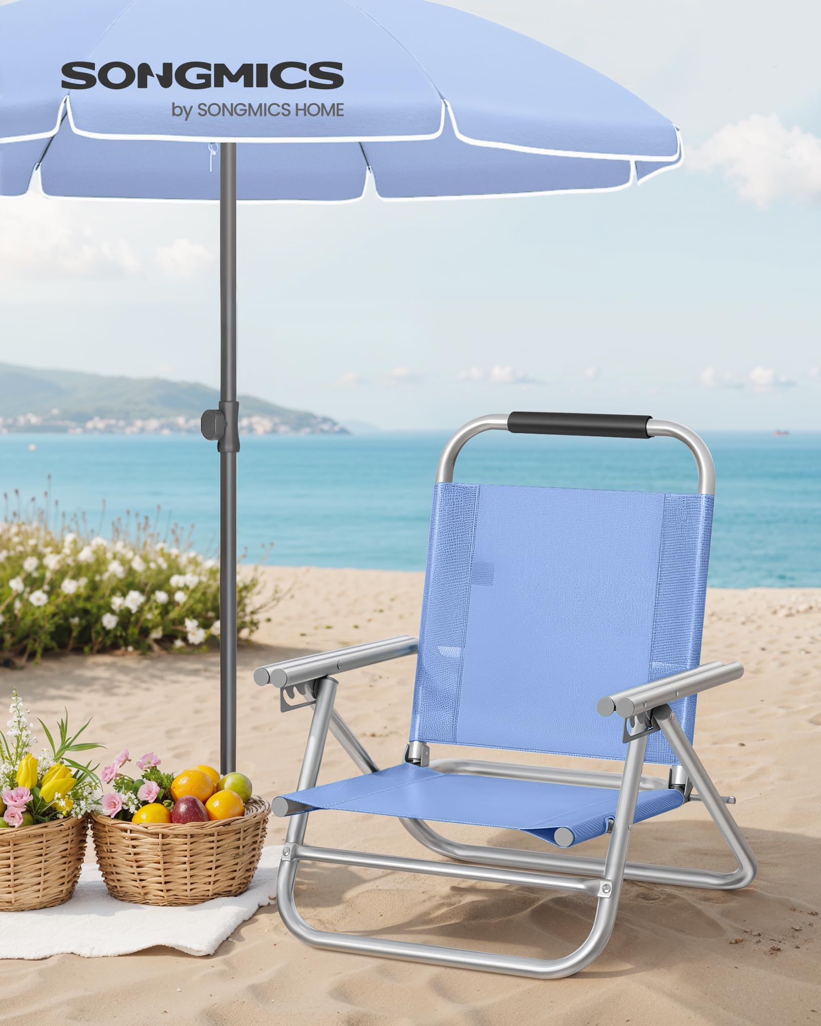 SONGMICS Sedia da Spiaggia, Sedia Pieghevole Portatile, Schienale Regolabile a 4 Angoli, con Braccioli, Traspirante e Confortevole, Poltrona da Campeggio, Blu GCB65BU