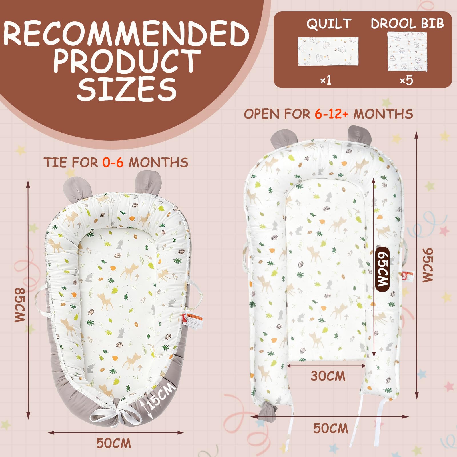 Huracan Baby Nestchen für Neugeborene, Babynest Weiches Kuschelnest aus 100% Baumwolle, Doppelseitig Baby Nest Inkl. Decke & 5 Waschlappen, Maschinenwaschbar, Tragbar Baby Bett für zuhause & unterwegs