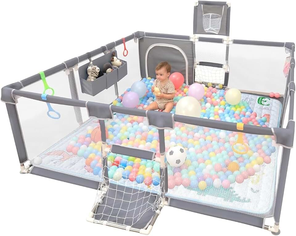 Cercadinho para bebe com Aro de Basquete e Rede de Futebol, 180x60x120cm, Malha Respirável para Uso Interno e Externo, Cor Cinza, cercadinho para bebe burigotto e cercadinho