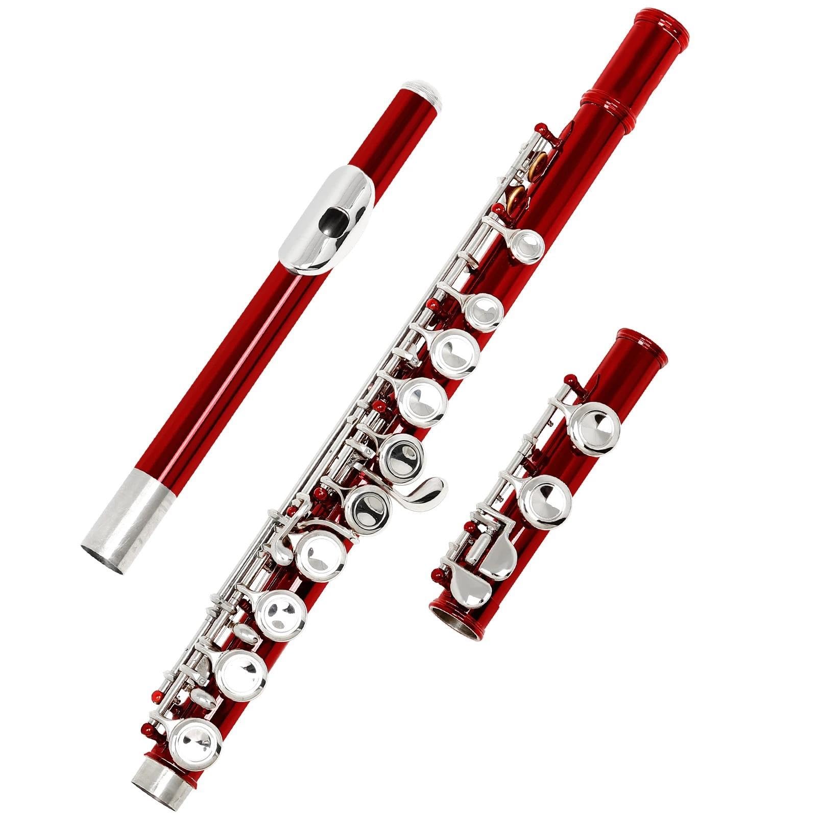 flauto traverso 16 fori aperti chiusi chiave C flauto strumento musicale flauto da concerto flauto traverso professionale placcato argento con chiave E(Red)