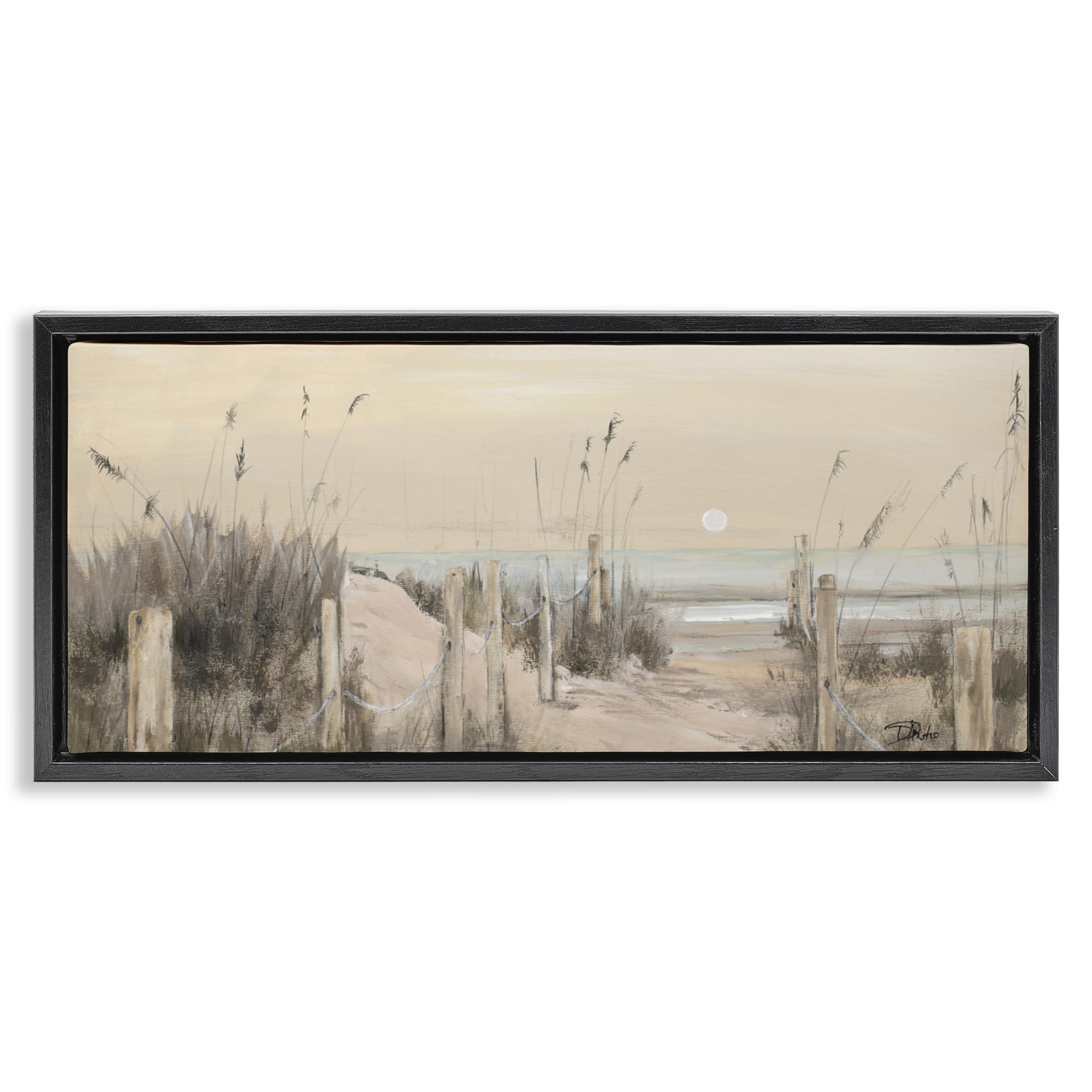 Stupell Industries 'White Moon Over Ocean', Floating Frame Canvas Art, Black, 31 x 14