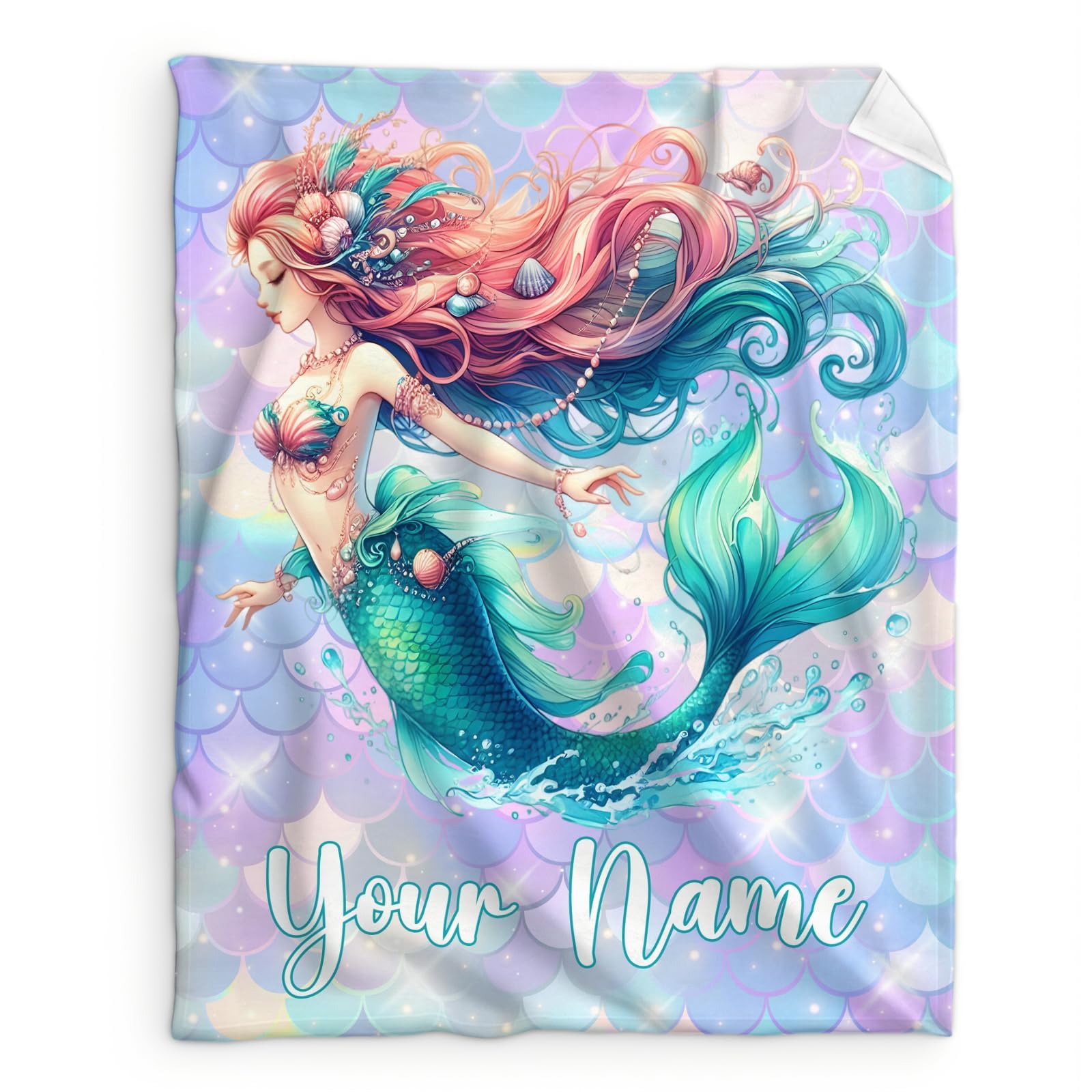 Personalized Mermaid Blanket for Girls 7-8 - Mermaid Throws for Office Bedroom Travel - 50*60’’ Colorful Throw Blankets With Customized Name for