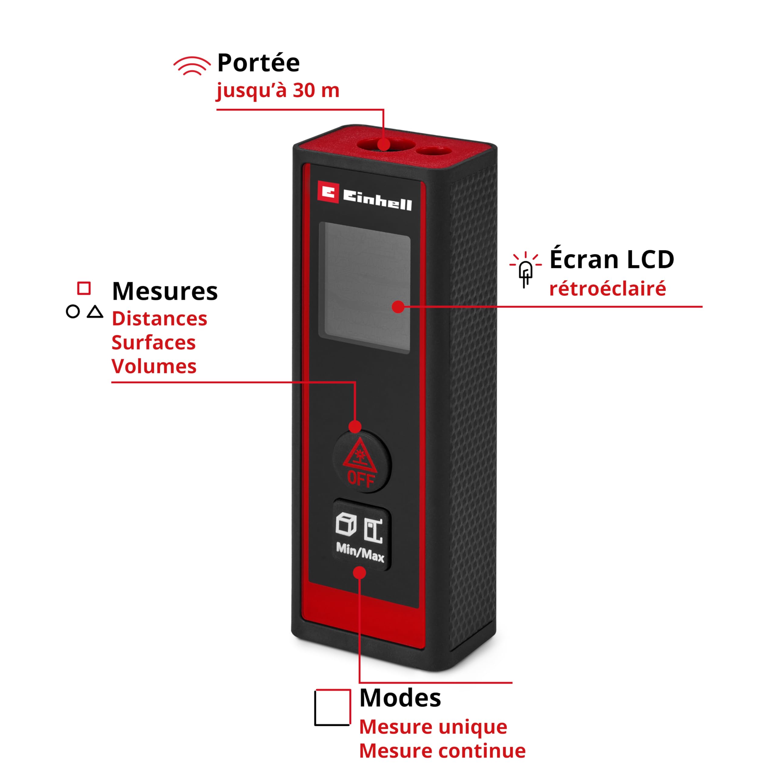 Einhell Télémètre Laser TC-LD 30 R (portée Max. 30 m, Modes de Mesure Distances, Surfaces, volumes, Mesure Continue, écran LCD, arrêt Automatique, sans Piles)