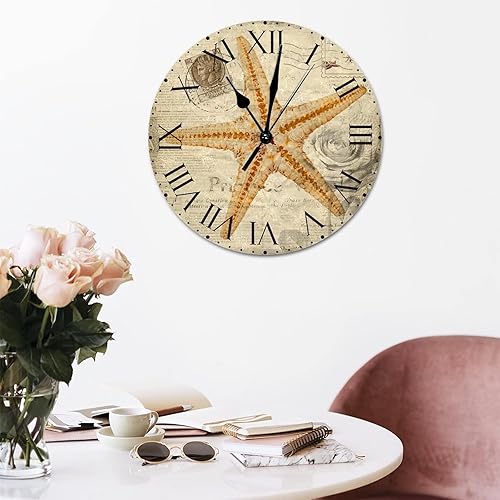 Miniatura 114 de ArogGeld Reloj de pared con diseño de estrella de mar antigua francesa, de cloruro de polivinilo, con números romanos, de 10 pulgadas, funciona