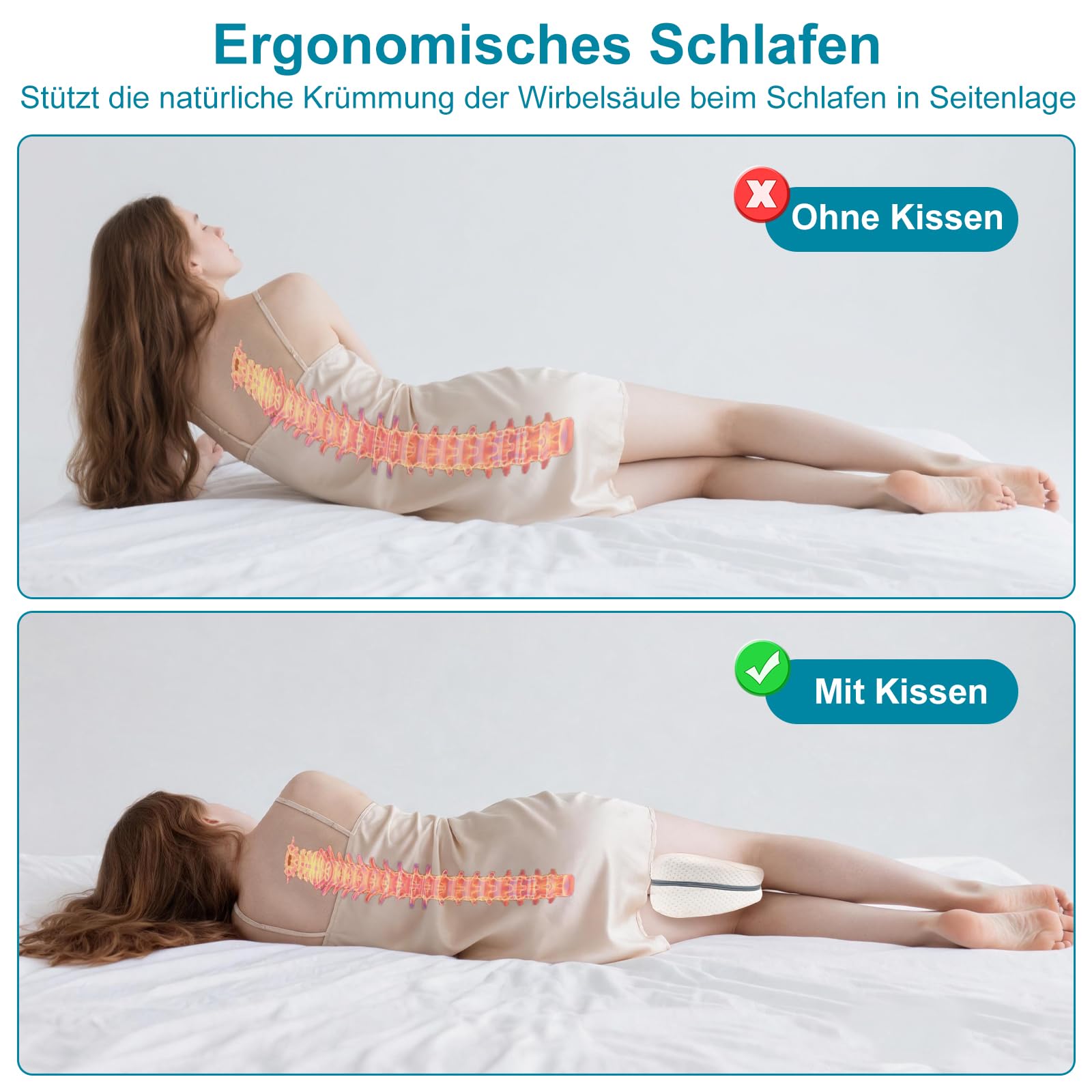 Almohada ortopédica para las rodillas para dormir de lado, almohada ortopédica para las rodillas, almohada ergonómica para el dolor, almohada de espuma viscoelástica para piernas con funda
