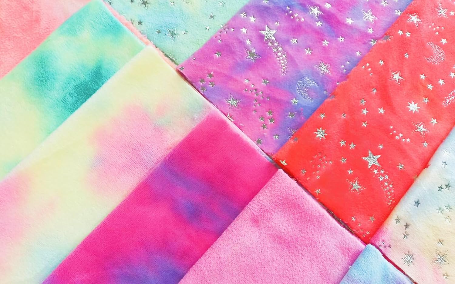 12pcs 12 x 12 Inches Tie Dye Solid and Star DIY Fabric Crystal Velvet Short Plush DIY Material Set Precut Bundle Patchwork Squares for Home Crafts Sewing