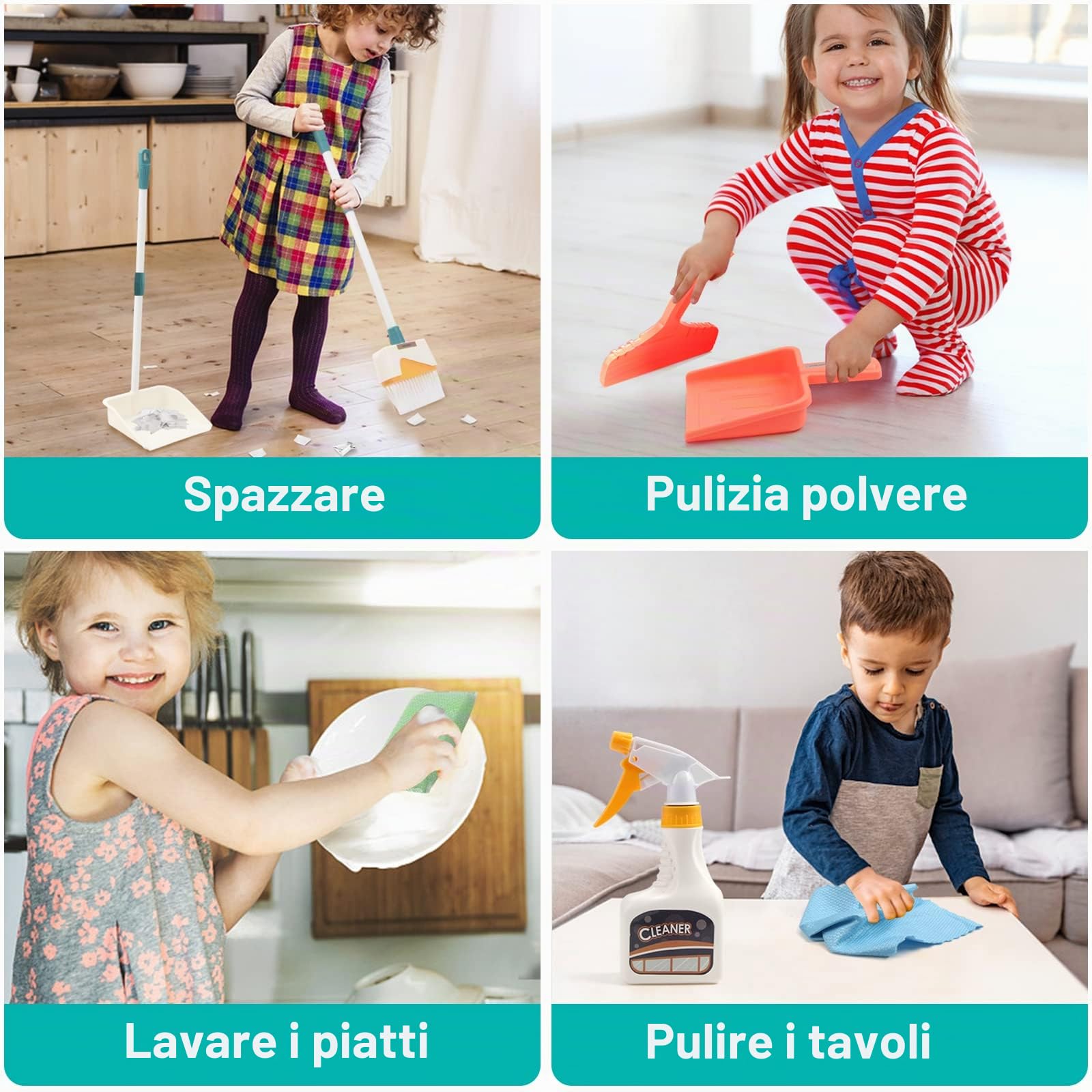Set Pulizia Bambini Giocattolo 12 Pezzi Scopa Piccola per Bambino