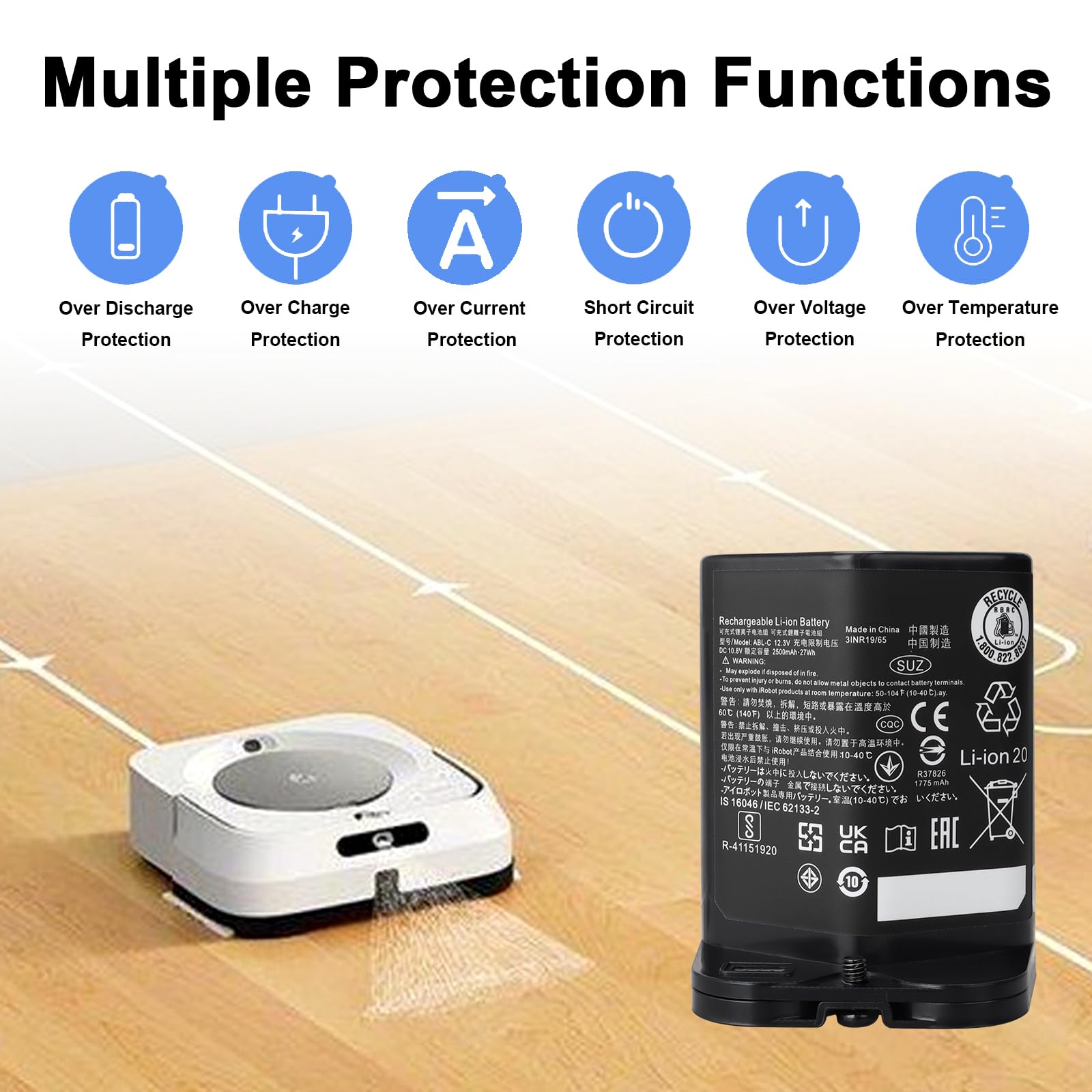 Batteria sostitutiva MXJFYY da 10,8 V e 2500 mAh per iRobot Braava Jet M6 (6110) Series, batteria agli ioni di litio per aspirapolvere M611020/M612880/M612680/M614480 ABL-C Series 3INR 19/65