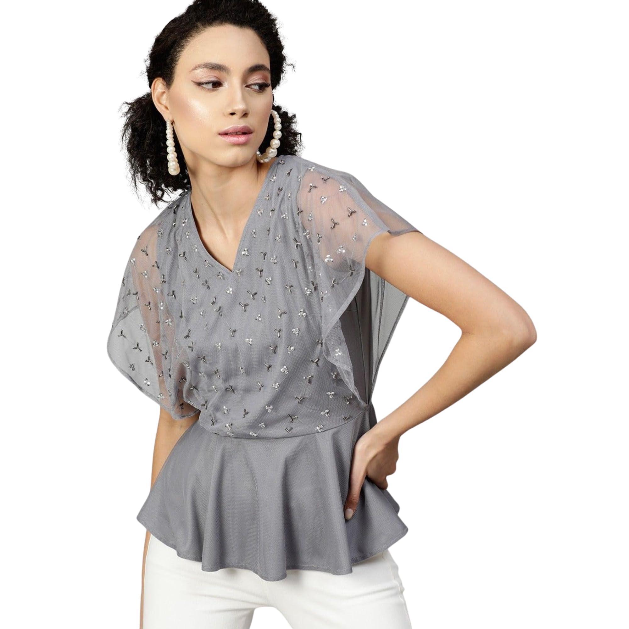 street9 Casual Butterfly Sleeve Embellished Women Grey Top | | TOP00002600-picture-16