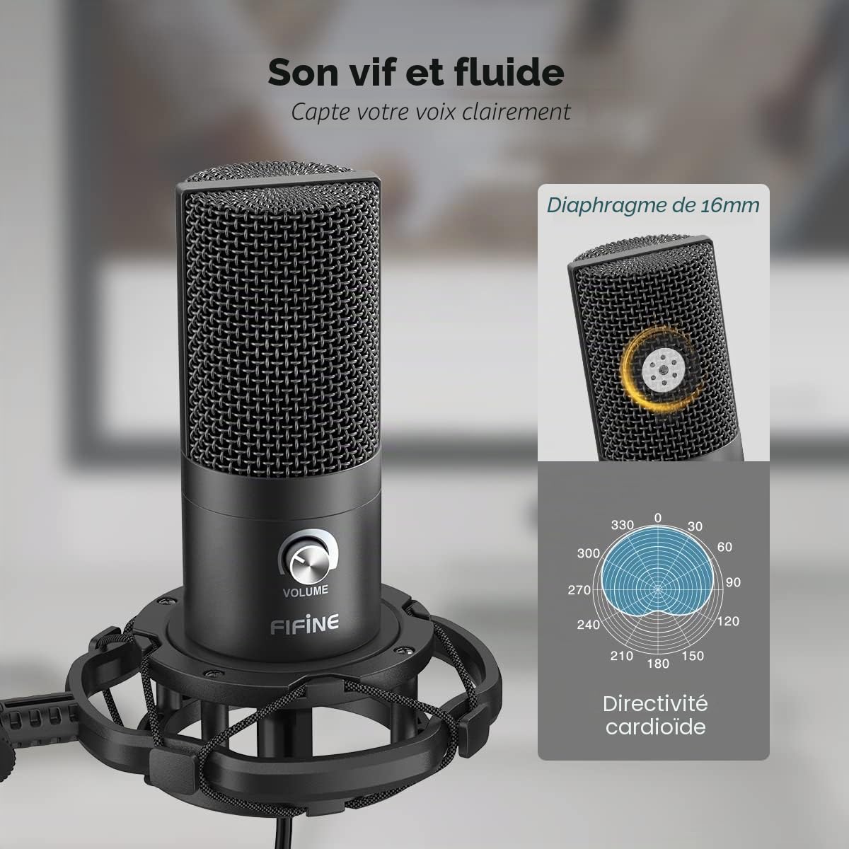 FIFINE USB Micro avec Bras, Microphone Podcast à Condensateur pour Ordinateur PS4/PS5, Micro PC pour Streaming Studio avec Pied de Microphone - T669