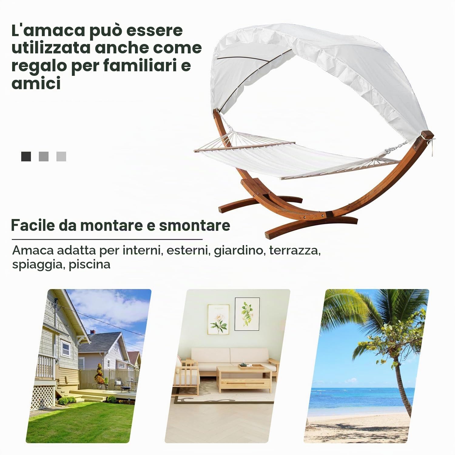 Amaca per esterni, doppia sdraio con struttura, superficie di appoggio 200 x 150 cm, portata massima 200 kg, altalena sospesa, mobili per balcone, giardino e terrazze