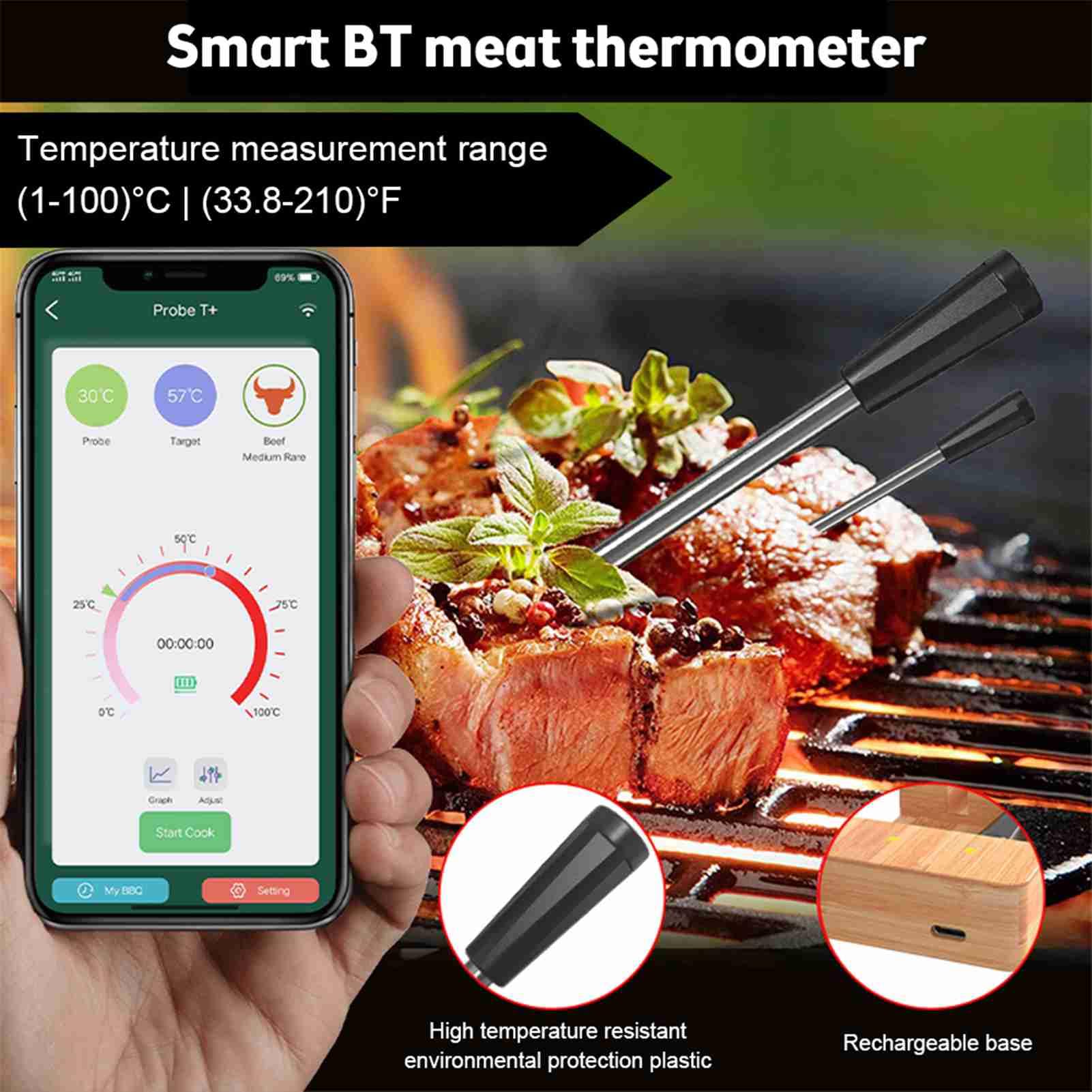 Domary Termometro per Carne Wireless Intelligente con Design Impermeabile IPX7 e Misurazione Rapida per Grigliate All'aperto, 2 Sonde