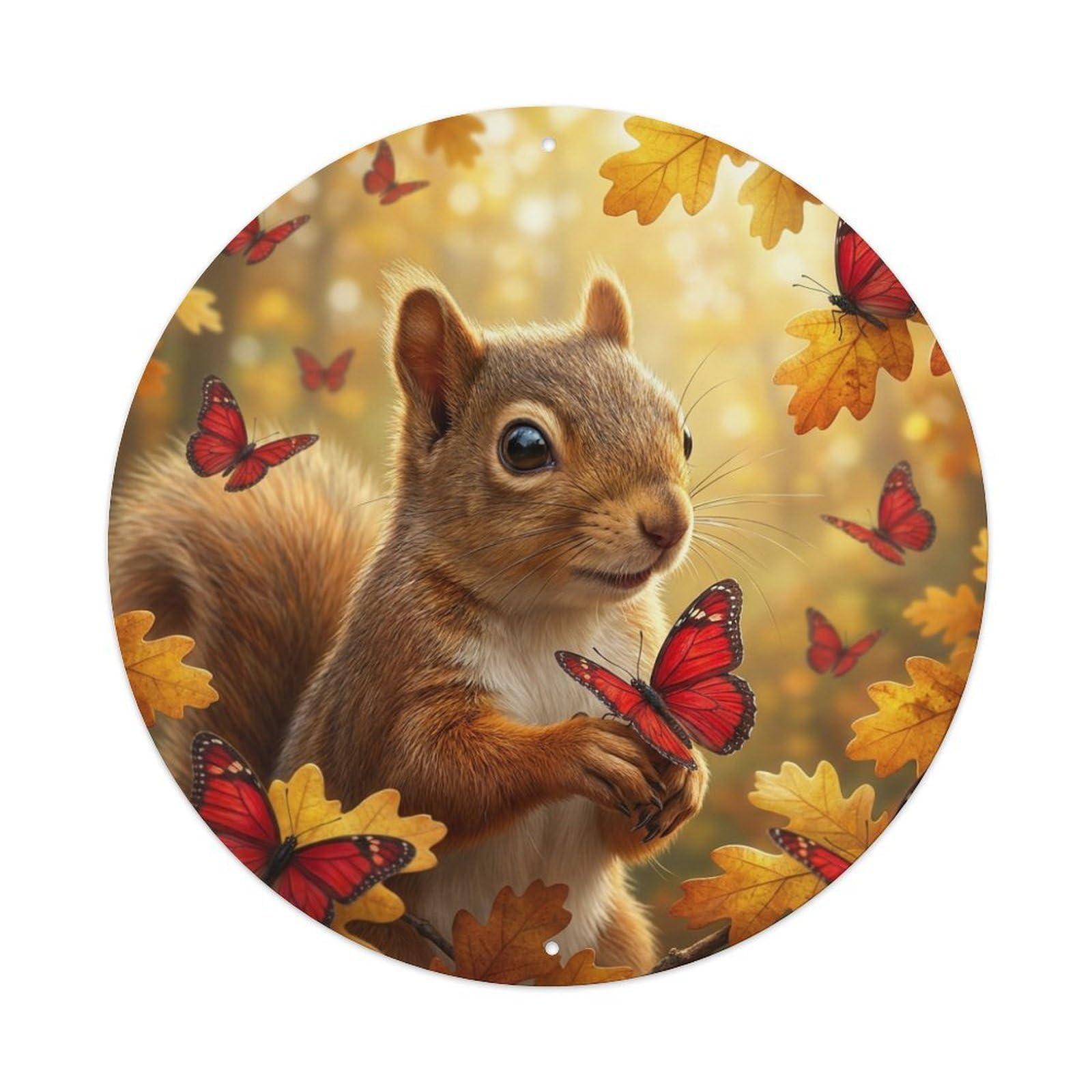 Animal Squirrel Butterfly Autumn Leaves Wildlife Kawaii Cute Metal Tin Sign Plaque Wall Decor for Cafe, Man Cave, Club Bar, Office, Home Garden Round Metal Poster 8x8Inch