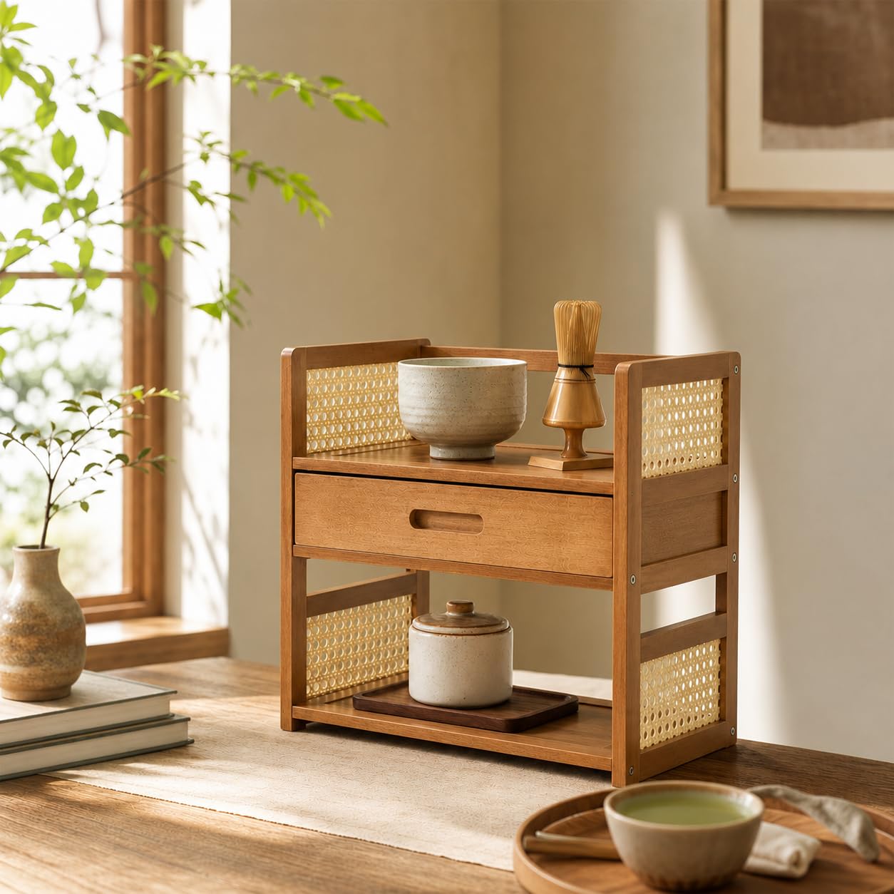 Scaffale da scrivania con cassetto, organizer da tavolo a 2 livelli con cornice in bambù e finto rattan, piccola libreria da ufficio, per caffè Matcha, tazze, libri, soggiorno e ufficio