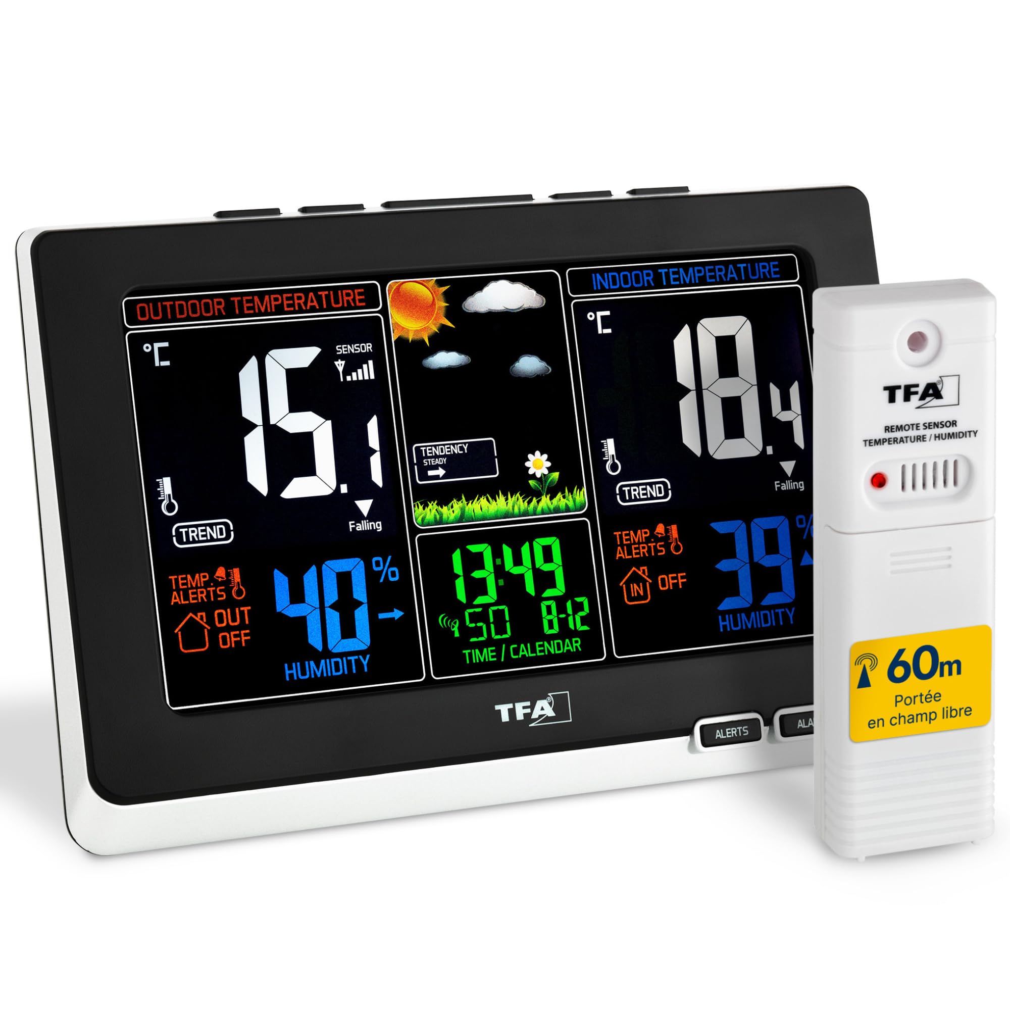 TFA Dostmann Station météo numérique sans fil Spring, 35.1129, avec capteur extérieur, prévisions météo animées, thermomètre et hygromètre, écran couleur, 2 niveaux de luminosité, noir