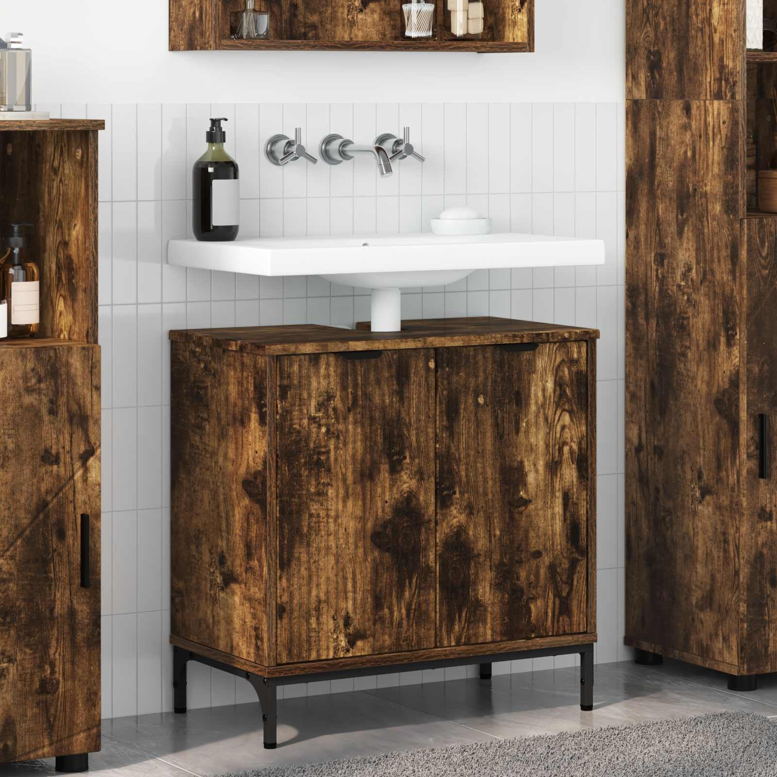 Mobile Lavabo Rovere Fumé 60,5 x 33,5 x 61 cm 2 Porte | Legno multistrato, gambe metallo, facile montaggio, carico max 60 kg, per bagno moderno