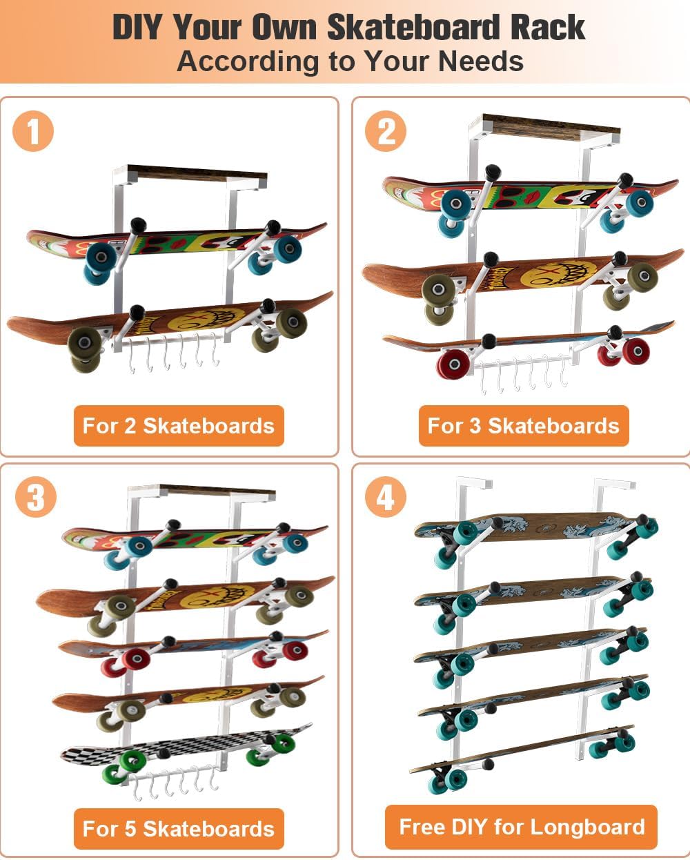 Koutemie Skateboard Rack Wall Mount with Five-Layer Skate Board Stand for Storage Longboard Deck Organizer, Skateboard Wall Display Hanger Holder with 6 Hooks for Home or Garage