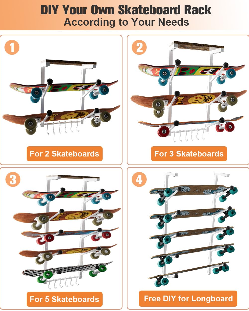 Koutemie Soporte de pared para monopatín con soporte de cinco capas para almacenamiento de tablas de longboard, soporte de pared para monopatín con 6 ganchos para el hogar o el garaje