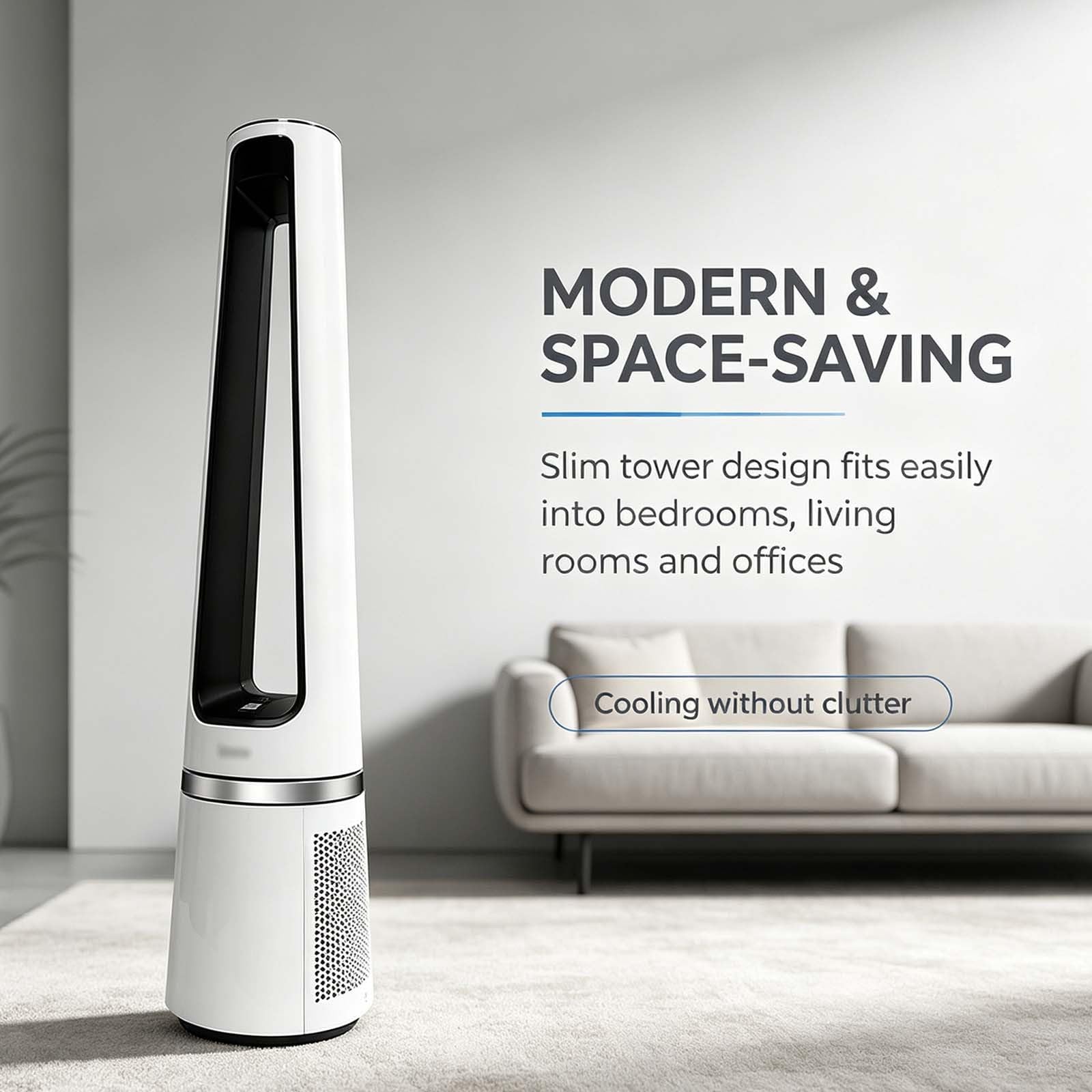 Ventilador de Torre sin aspas, silencioso, con 32 velocidades, oscilante de 90°, con Pantalla LED y Motor de CC, Ideal para Sala de Estar y Dormitorio. White