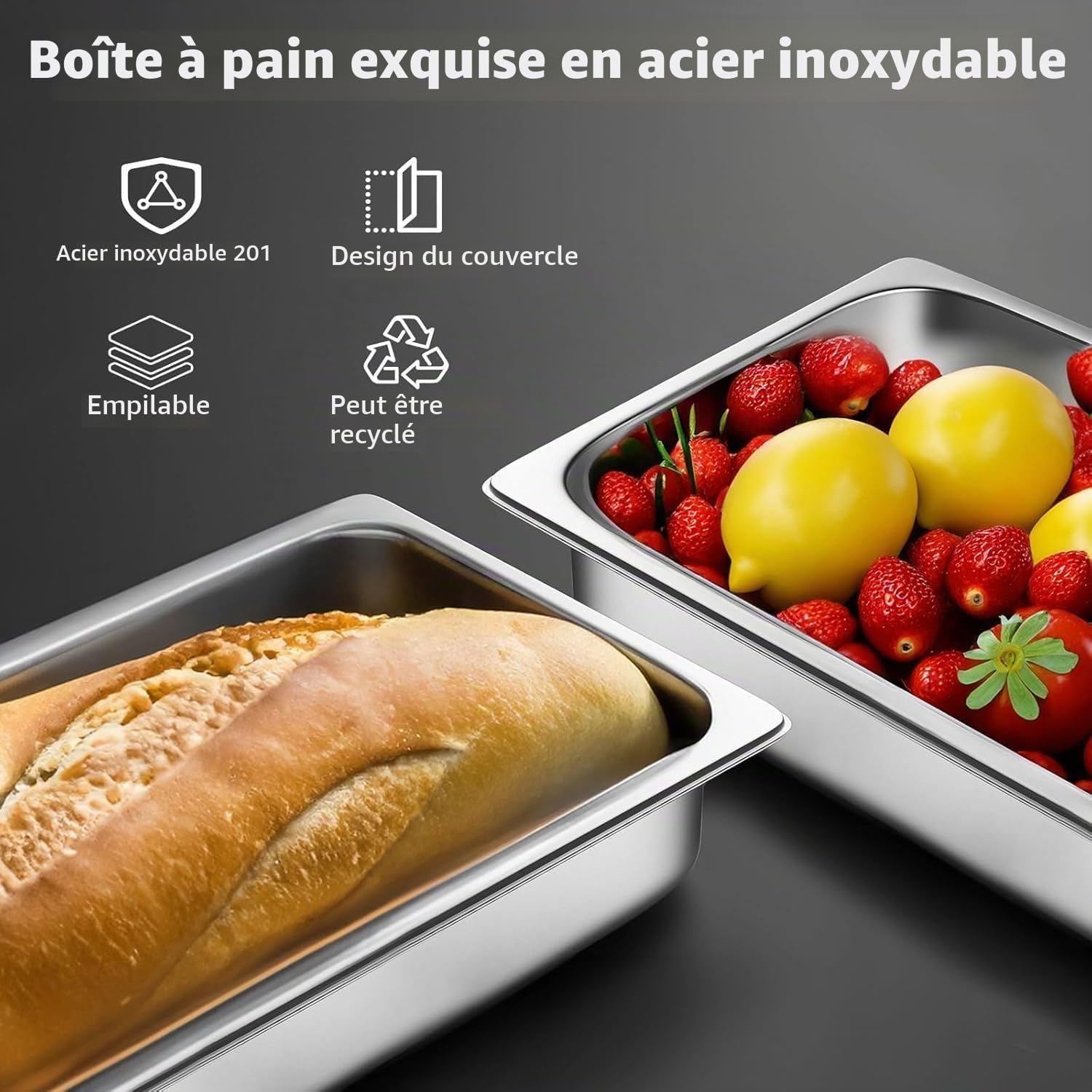Lot de 6 Plat Inox avec Couvercle, GN 1/3 Bac avec Couvercle, 32,5 x 17,5 x 10 cm Bac Alimentaire Inox pour des Fours à Convection, des Chafing Dishes, des Réfrigérateurs