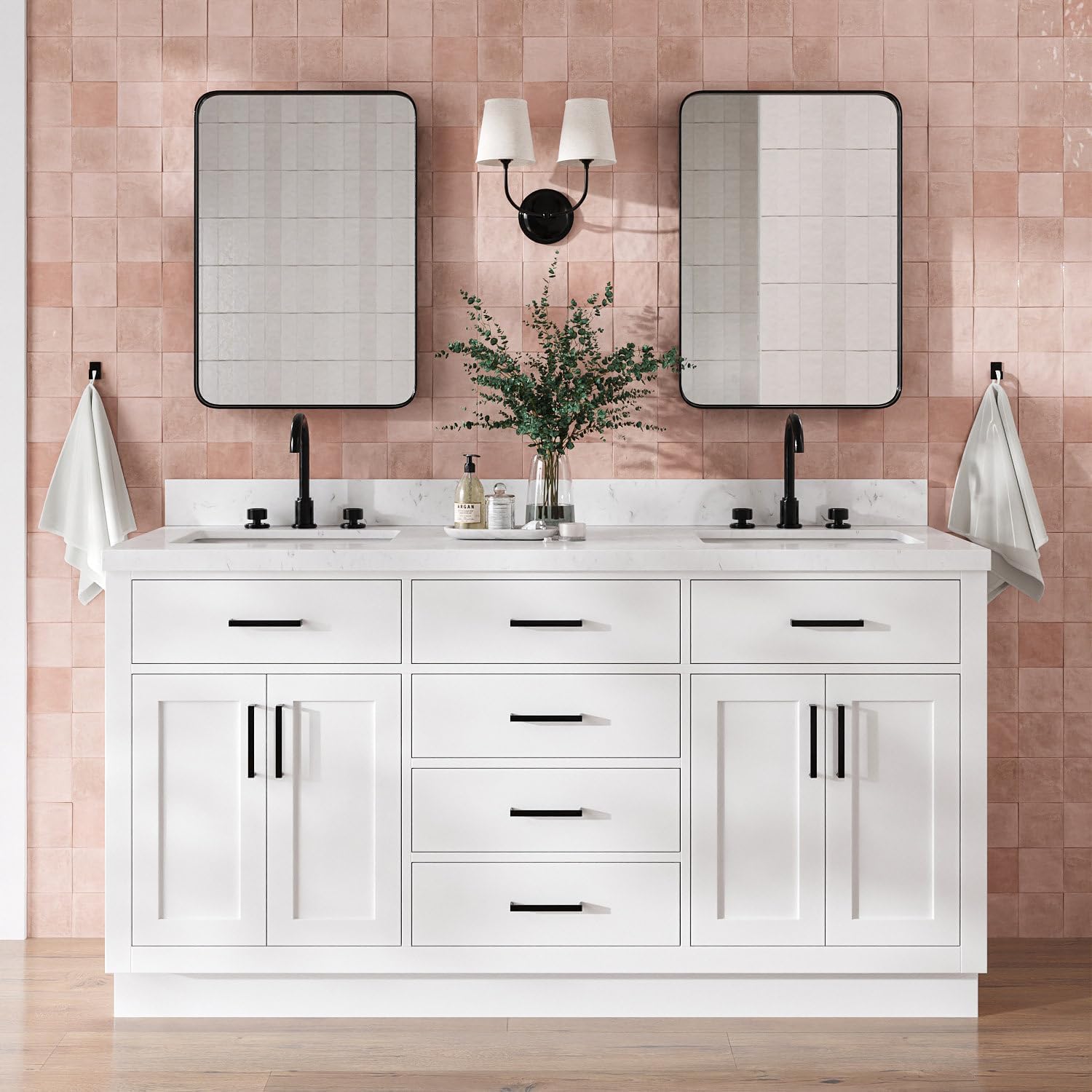 DKB Isabella 66" White Double Bathroom Vanity with 1.5" Carrara Quartz Countertop, Double Rectangular Undermount Sinks, 4 Soft Closing Doors, 6 Dovetail Drawers