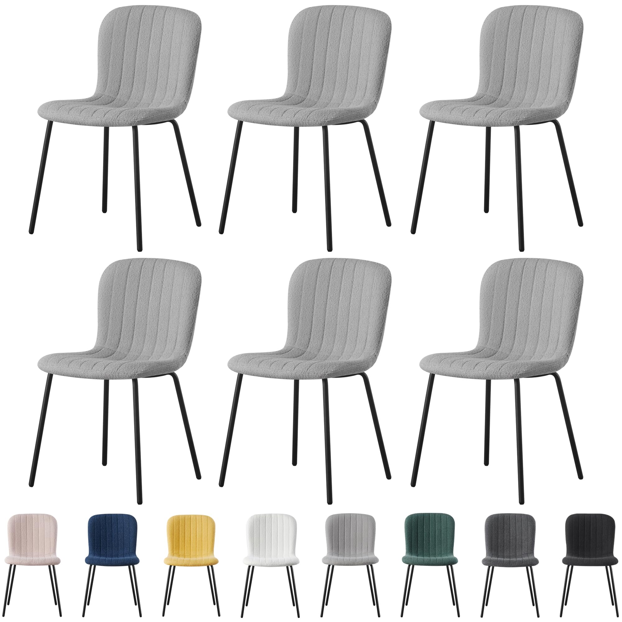 mcc direct Set of 6 Soft Fabric Dining Chairs with Upholstered Seat and Metal Legs for Dining Room, Living Room and Kitchen Room - New Bella (Light Grey)