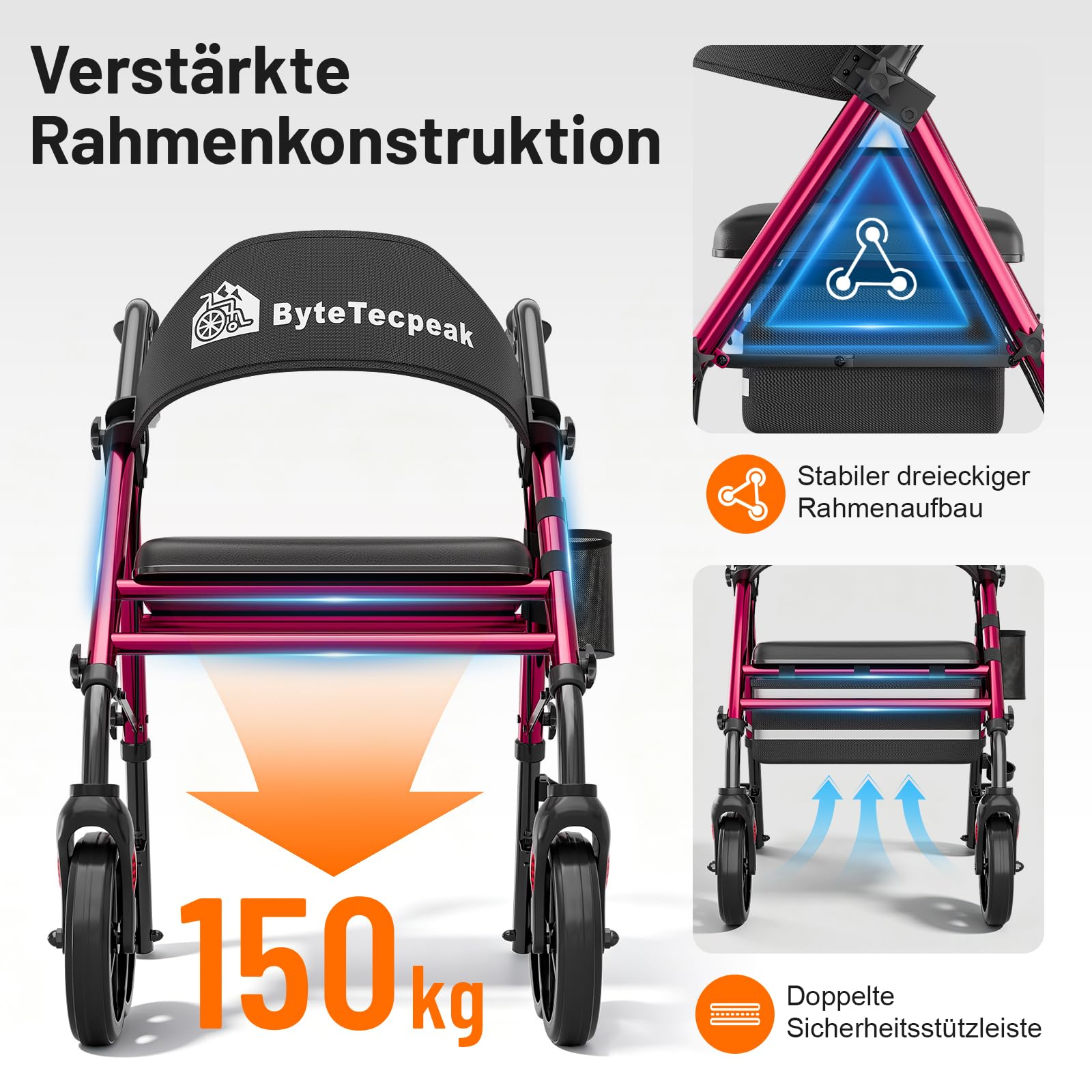 R4 Rollator faltbar und leicht mit Sitz, Rollatoren schmal für Wohnung, Rollatoren für Senioren klappbar mit 20 cm Reifen für All-Terrain, Sitz- und Griffhöhe verstellbar