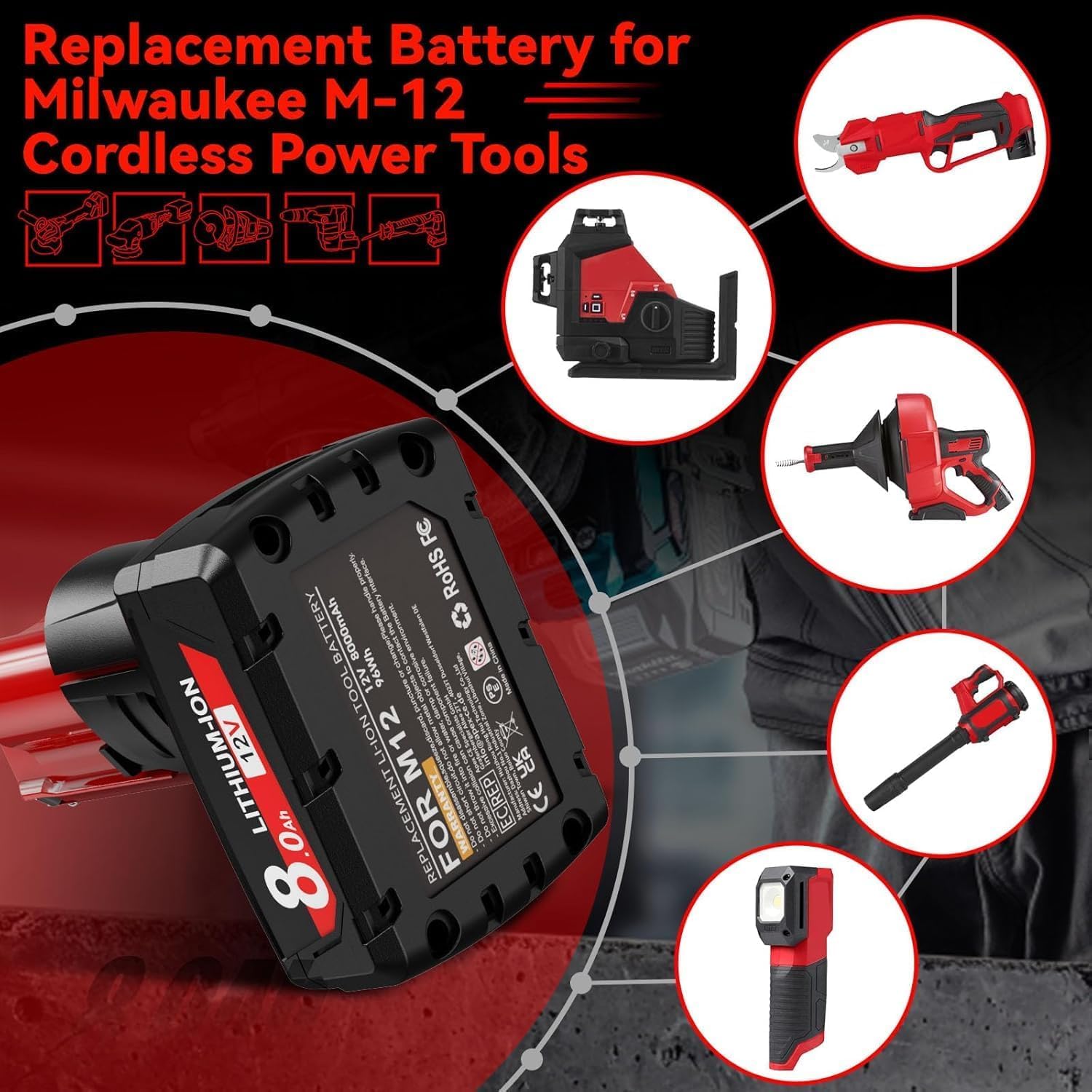 2X 8.0Ah Akku für Milwaukee M12, Powtree Ersatzakku für Milwaukee 12V | Li-ion Akku M12B 48-11-2411 48-11-2440 48-11-2402 48-11-2460 Werkzeuge mit LED Anzeige