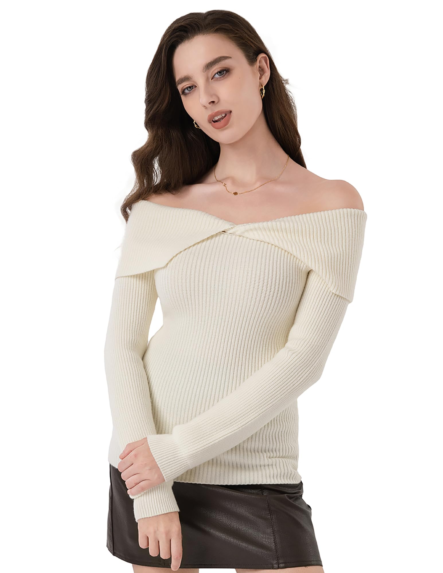 Am lieBoutik Women Off Shoulder Sweater Elegant Shawl Collar Long Sleeve Ribbed Knit Going Out Pullover Sweater