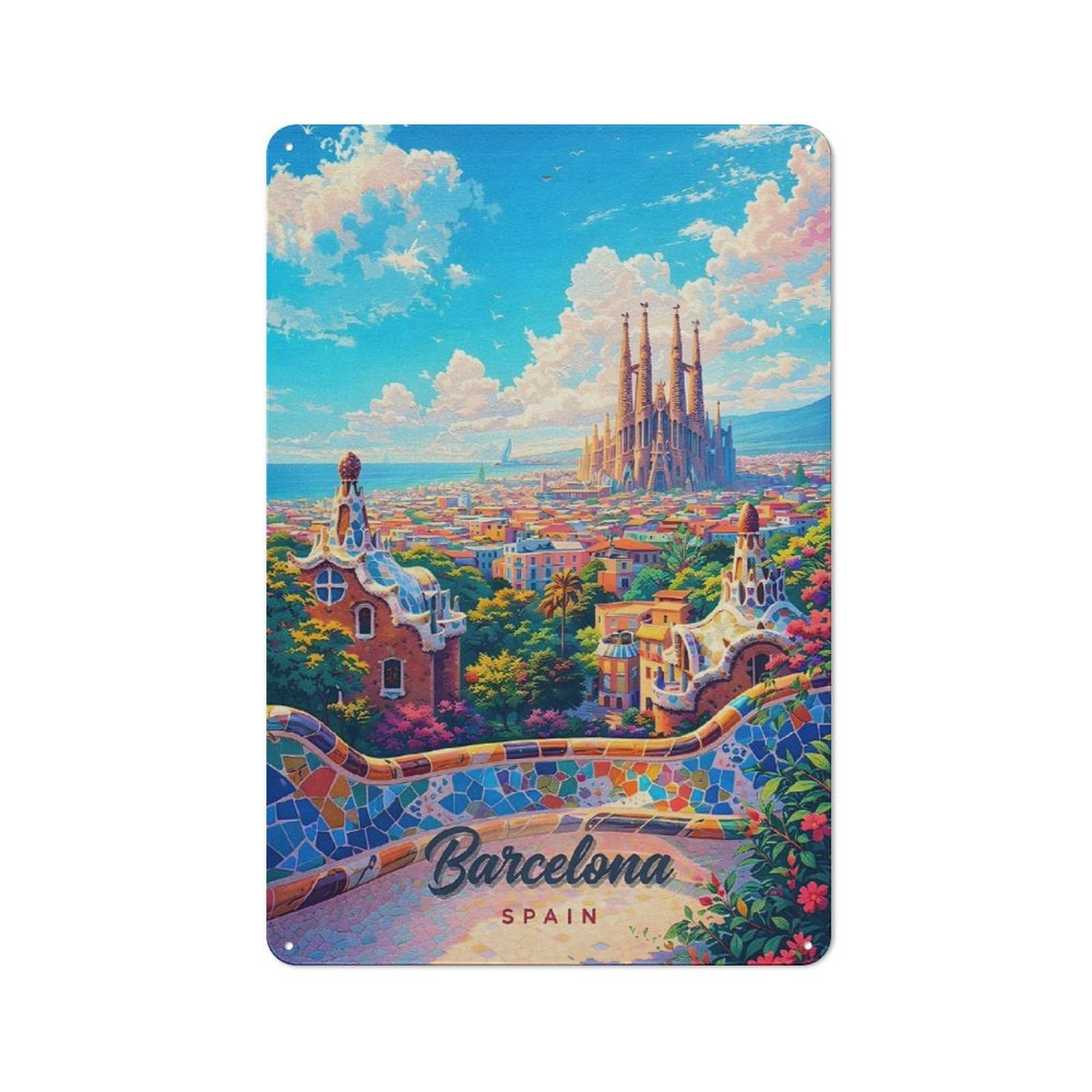 Garage Style Barcelona Cityscape with Sagrada Familia Retro Metal Sign 30x20cm, Workshop Wall Decor for Workshop, Basement, Shed Or Games Room