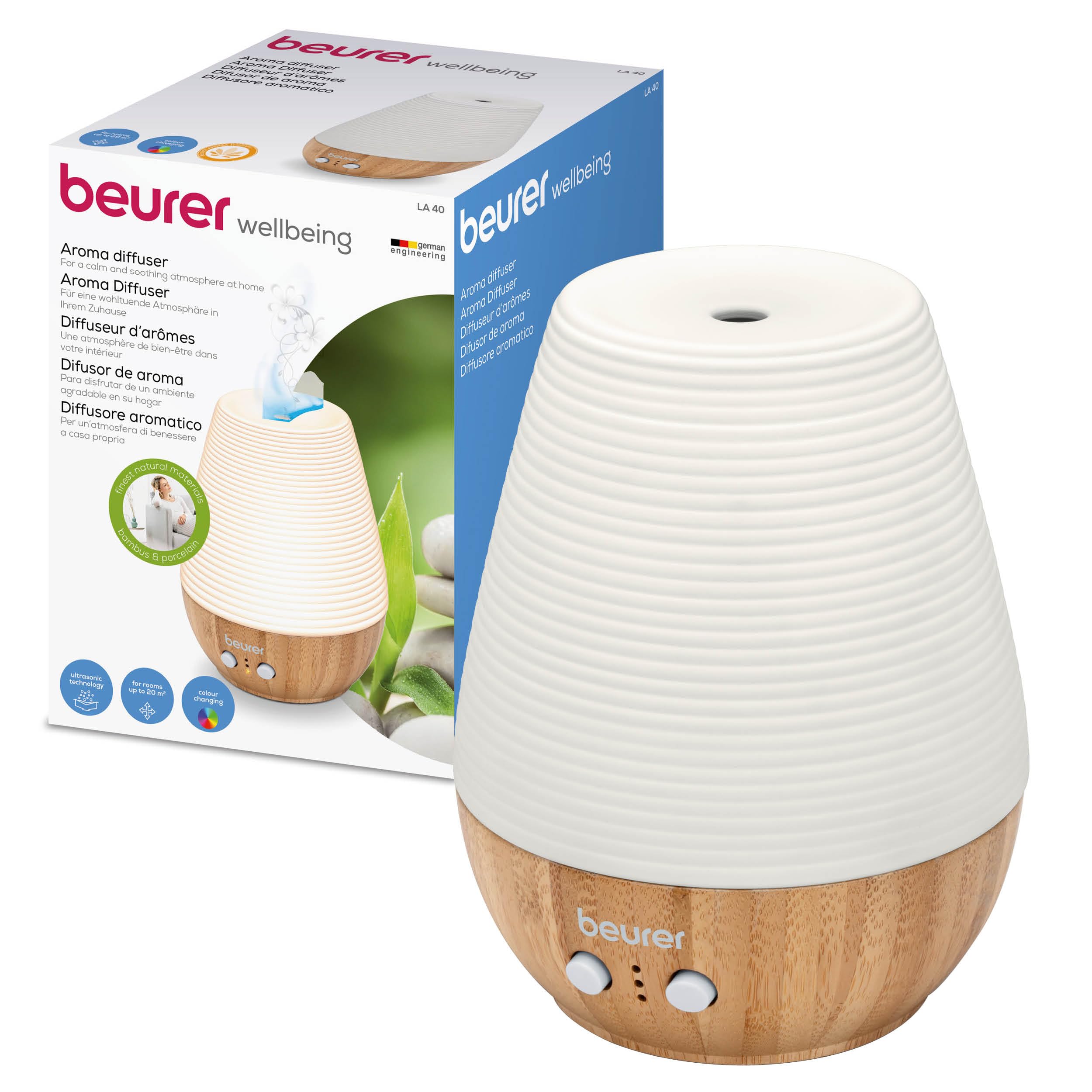 LA40 Aroma Diffuser, Fragrance diffuser with ultrasonic atomisation, With wellness light and colour change, Made of real bamboo and porcelain