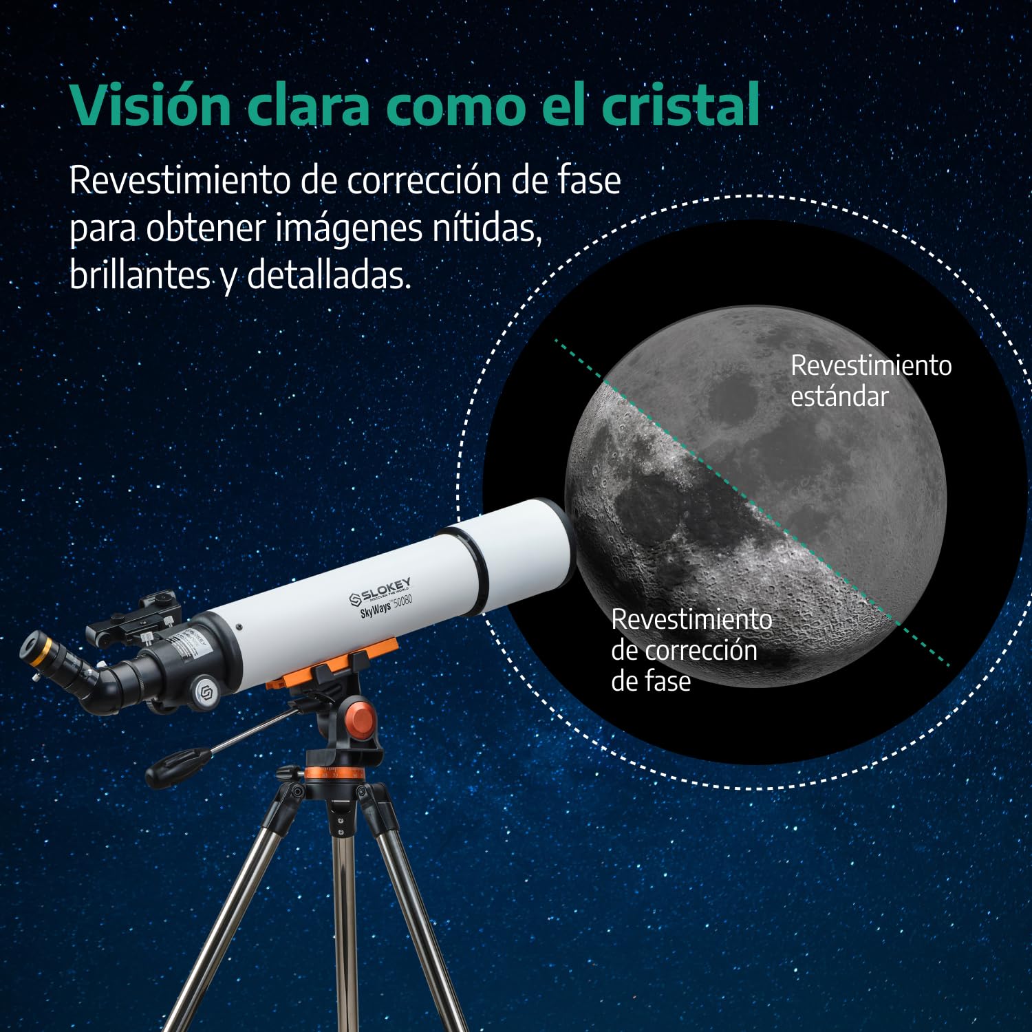Slokey 50080 Telescopio Terrestre y Astronómico Refractor 25x-250x - Telescopio Portátil 80 mm para Niños y Principiantes - Observación de Estrellas Luna, Planetas, Incluye Trípode de Acero Inoxidable
