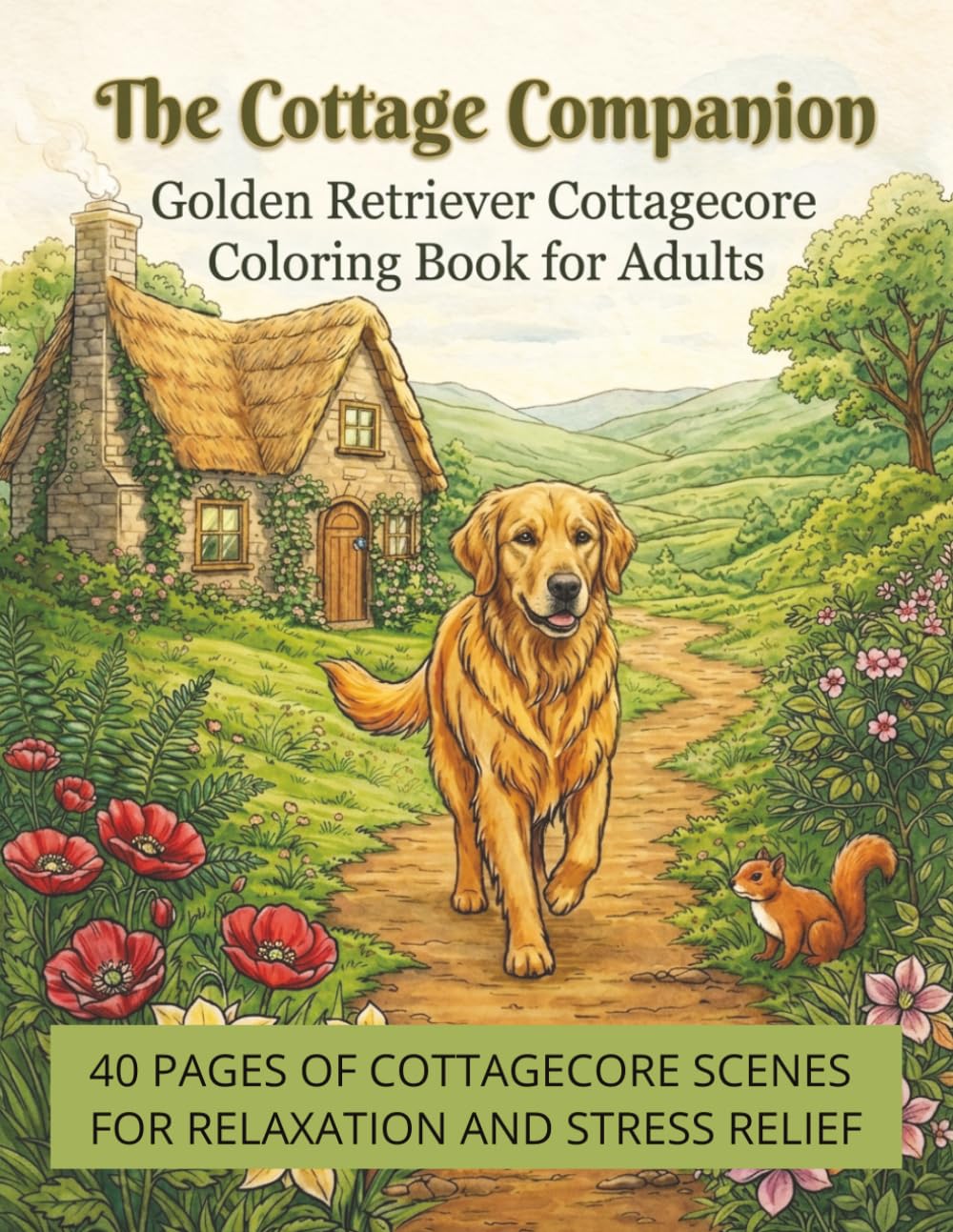 The Cottage Companion: Golden Retriever Cottagecore Coloring Book for Adults 8.5 x 11, 40 pages