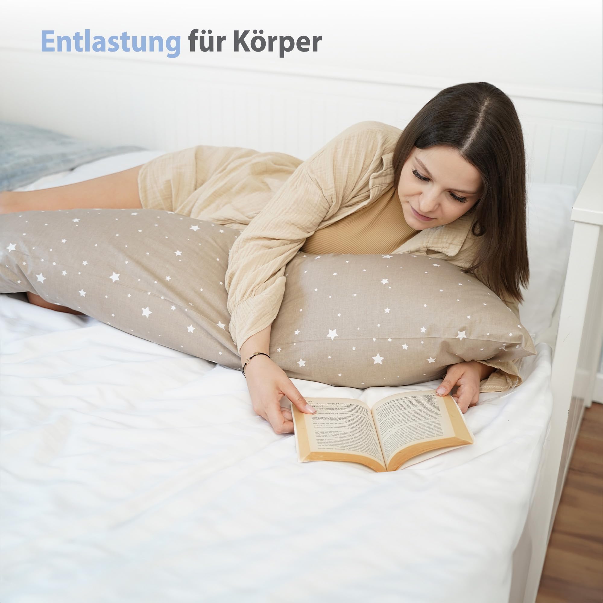 Totsy Baby Cuscino per chi dorme sul fianco con fodera Cottone 40 x 145 cm - cuscino comfort cuscino per dormire cuscino per traversina laterale cuscino per il corpo Beige con stelle bianche