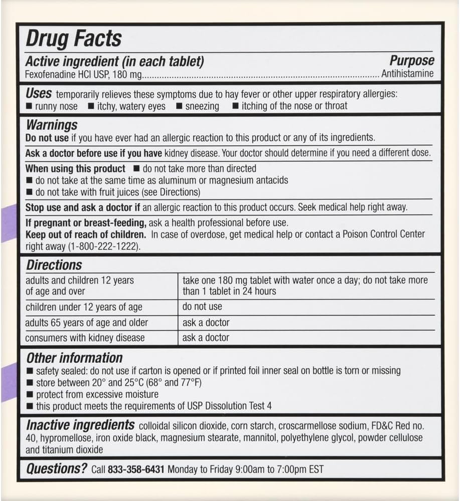 Foster & Thrive 24 Hour Allergy Relief, Non-Drowsy, All Day Rellief of Indoor & Outdoor Allergies, Fexofenadine Hydrochloride Tablets, 180 mg, 70 Count