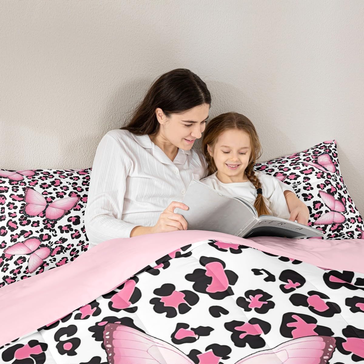 Leopard Print Comforter Set Twin,Pink Butterfly Bedding Set 2pcs for Kids Teens Boy Girl Room Decor,Wild Animals Theme Quilt Set Cheetah Fur Duvet Insert with 1 Pillowcase