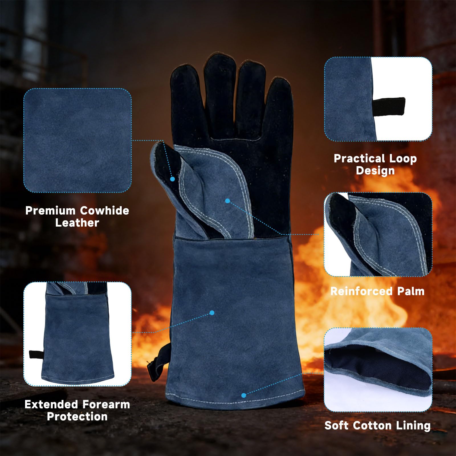 Guantes de Barbacoa de Cuero, Resistentes al Calor, Guantes de Barbacoa de Cuero Ignífugo, para Ignífugos, Soldadura, Chimenea, Horno, Cocina, Estufa, Estante de Olla - 4