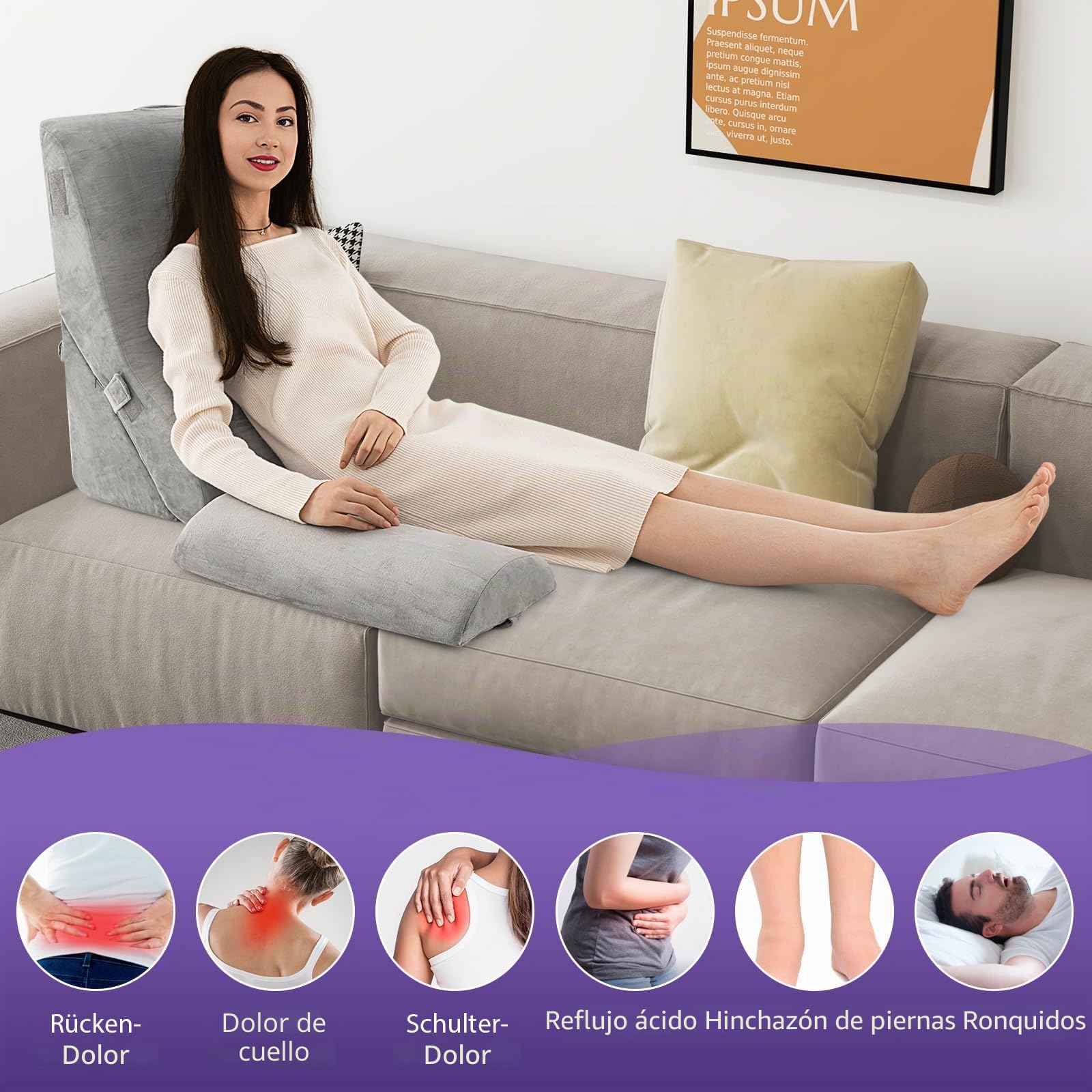 GOPLUS Juego de 3 cojines de cuña con cojín cervical extraíble y funda lavable, cojín de respaldo con espuma viscoelástica, soporte para la espalda, cojín de lectura para cama y sofá