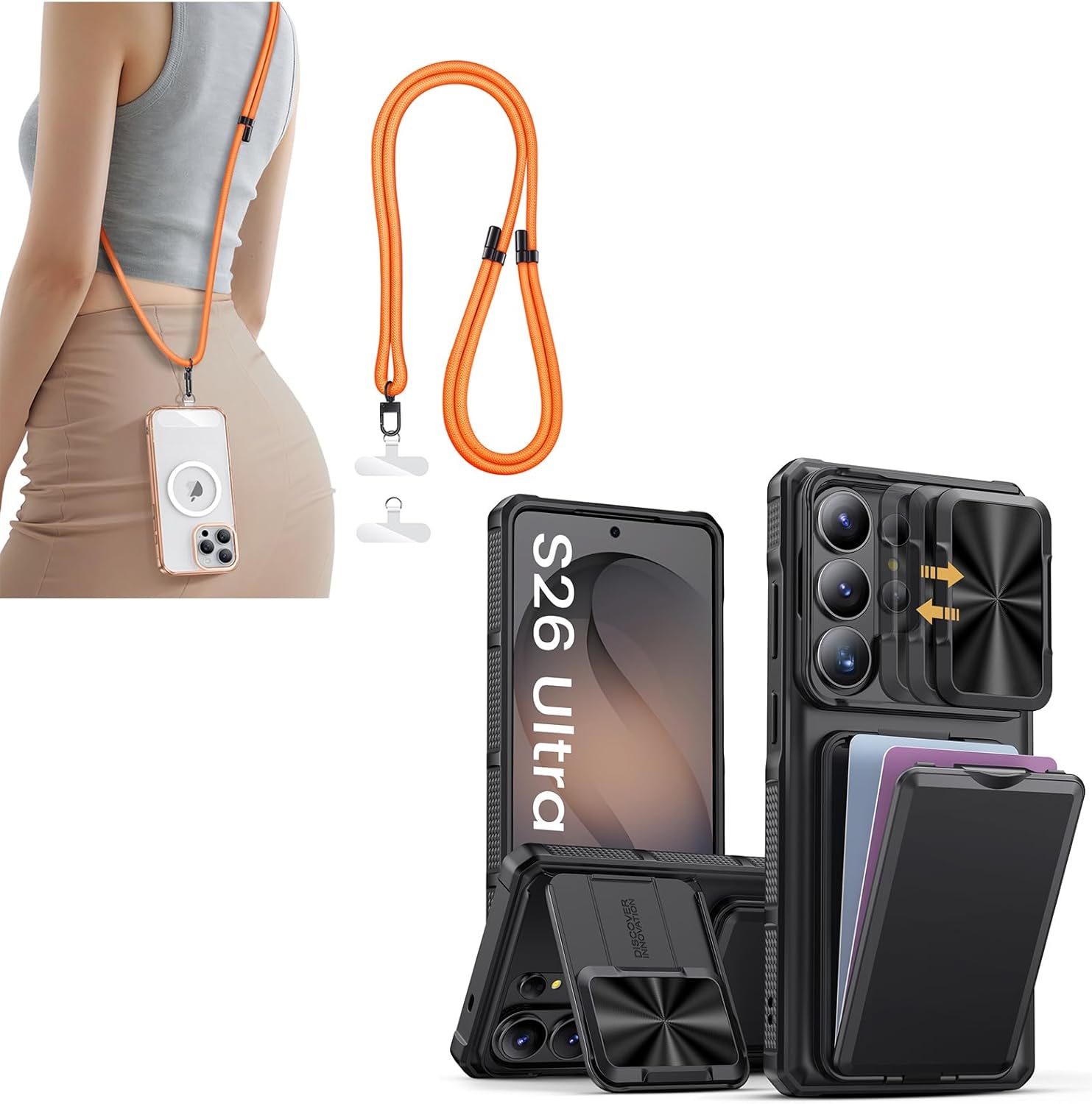 SSLOTSCASE for Samsung Galaxy S26 Ultra Case with Card Holder & Kickstand & Slide Camera Lens Cover, Phone Lanyard Crossbody with 2X TPU Clear Phone Tabs, Multi-Function Crossbody Strap