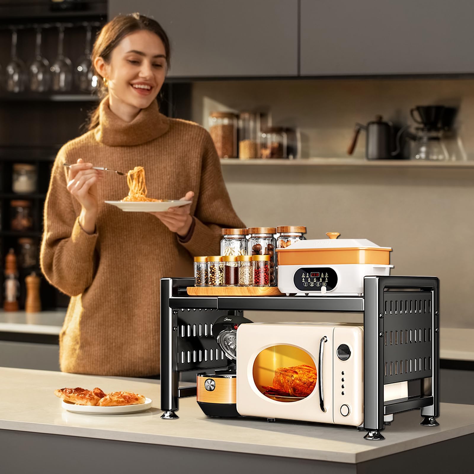 UCAMP Mensola Microonde Estensibile,Regolabile Microonde Scaffale,Acciaio Carbonio Ripiano Contatore Cucina Organizzatore Ripiani,Scaffale Salvaspazio,Supporto Microonde con 10 Ganci