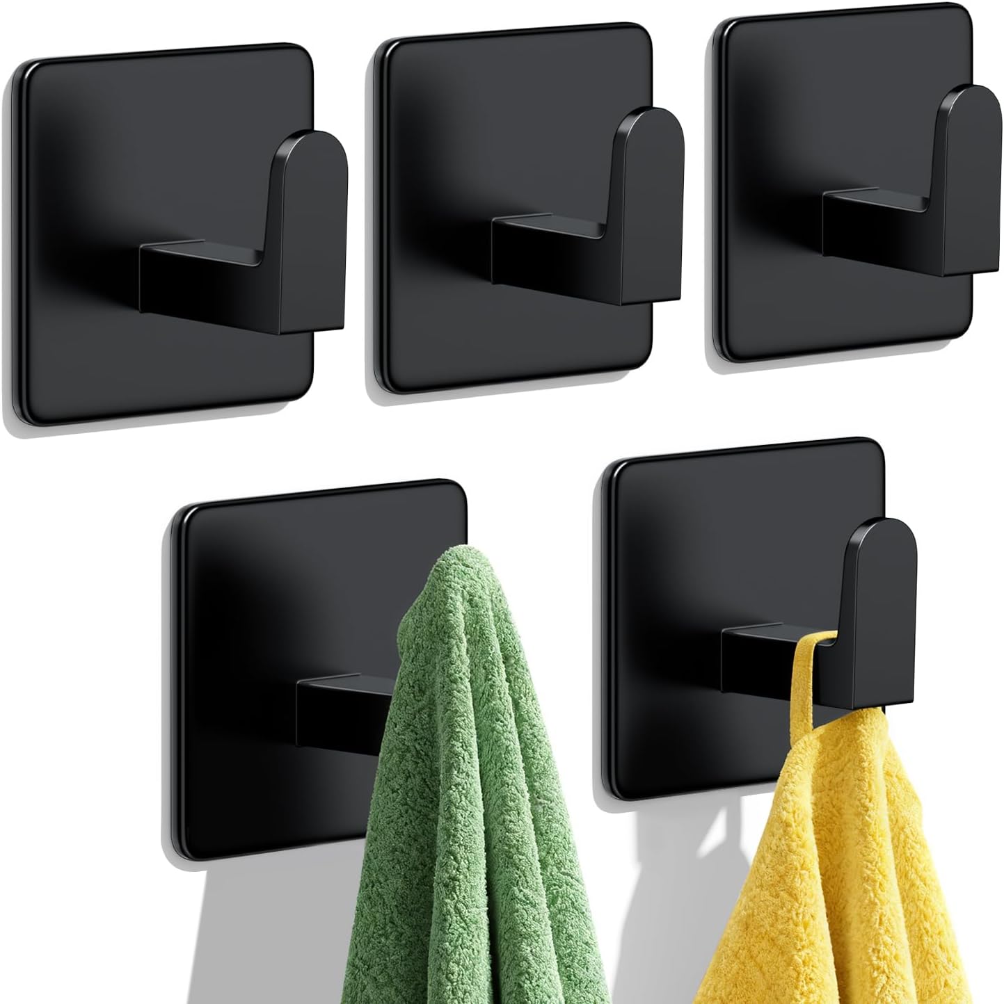 Auxmir Adhesive Hooks 15lb(Max) Towel Hooks, 5 Pack No Drilling Damage Free Wall Hooks, Thicken SUS304 Stainless Steel for Coat Robe, Waterproof Oilproof Rustproof for Bathroom Kitchen Office, Black