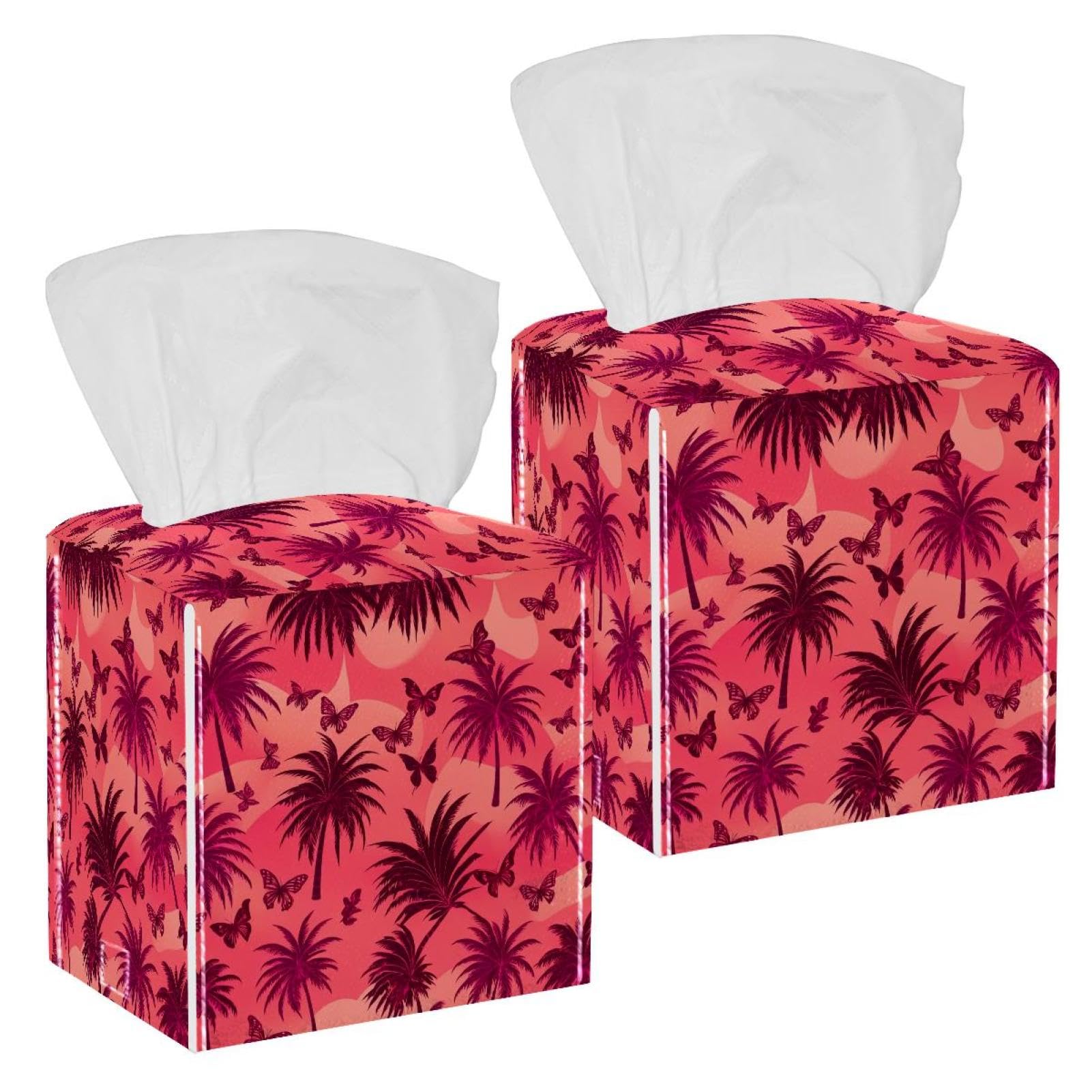 Coconut Tree Tissue Box Cover, 2 Pack PU Leather Square Facial Tissue Dispenser Box holder for Home Office Car