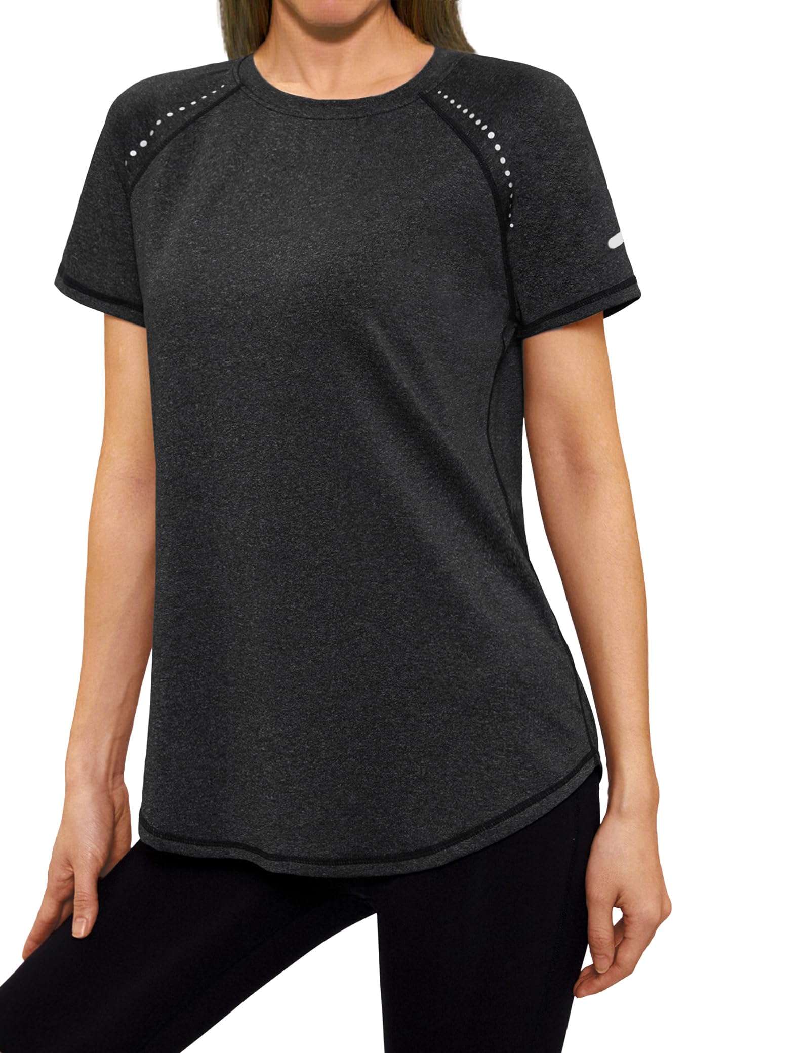 Gyabnw Camiseta Deporte Mujer Manga Corta Cuello Redondo Tira Reflectante En La Espalda Dobladillo Curvo Ropa Deportivo Cómodo Y Transpirable Top para Running, Yoga Y Fitness