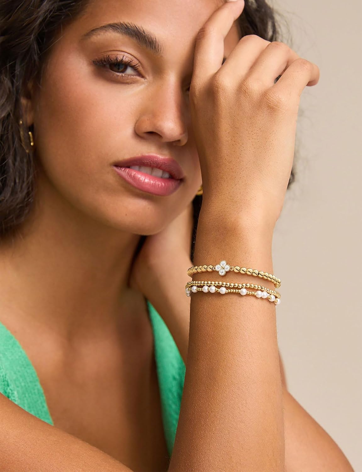 Birthstone Gold Bracelets for Women Non Tarnish Elastic 14K Gold Plated Bead Bracelets Trendy CZ Clover Bracelet Stackable Friendship Bracelets Dainty Jewelry Gifts for Mom Best Friend - Image 9