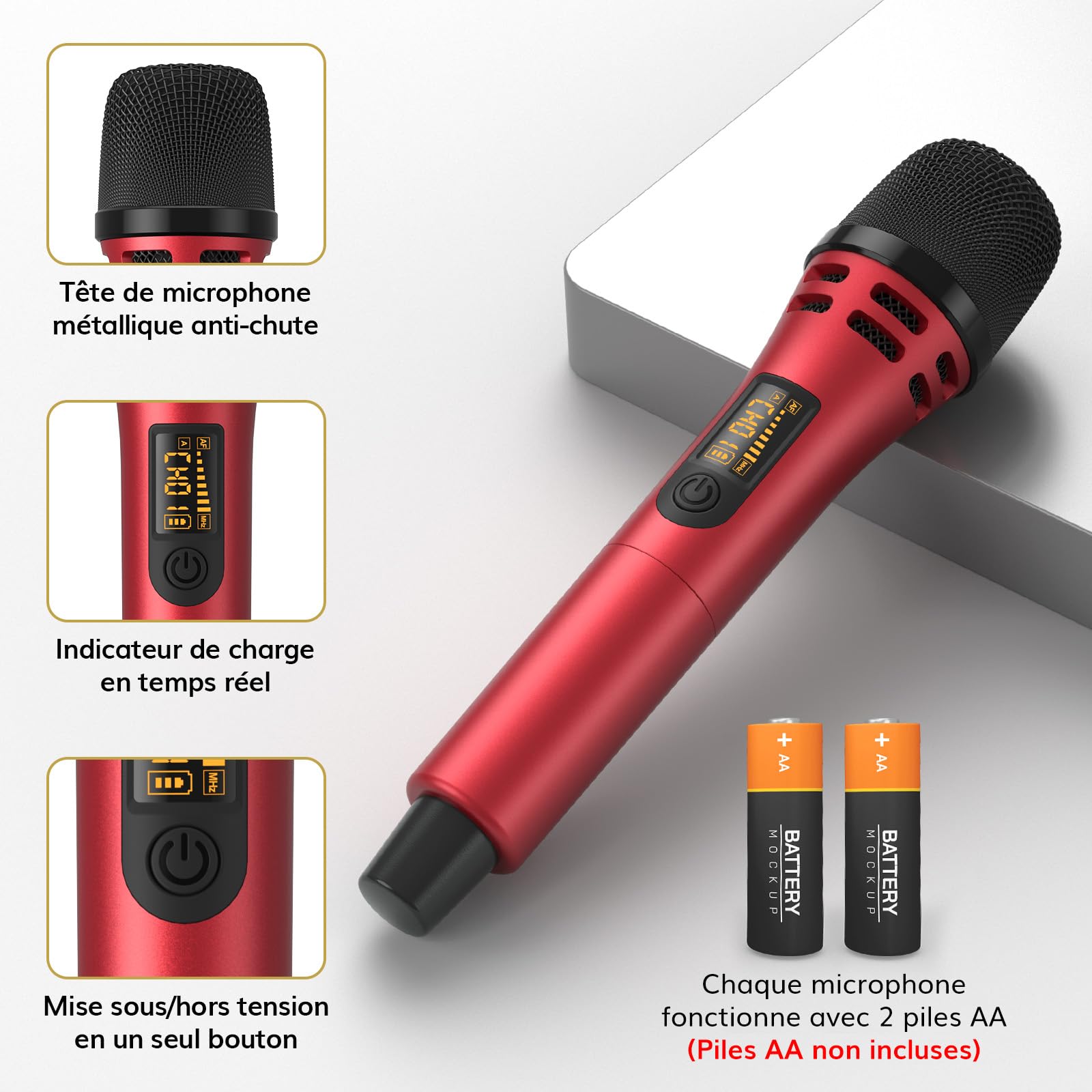 TONOR Micro Karaoke sans Fil, UHF Microphone Systèmes Dynamique Chant Portable à Main Double avec Récepteur pour Karaoké/Fête/Discours/Mariage/DJ Spectacles/Église/Conférences, 60M, Gris&Rouge,TW350