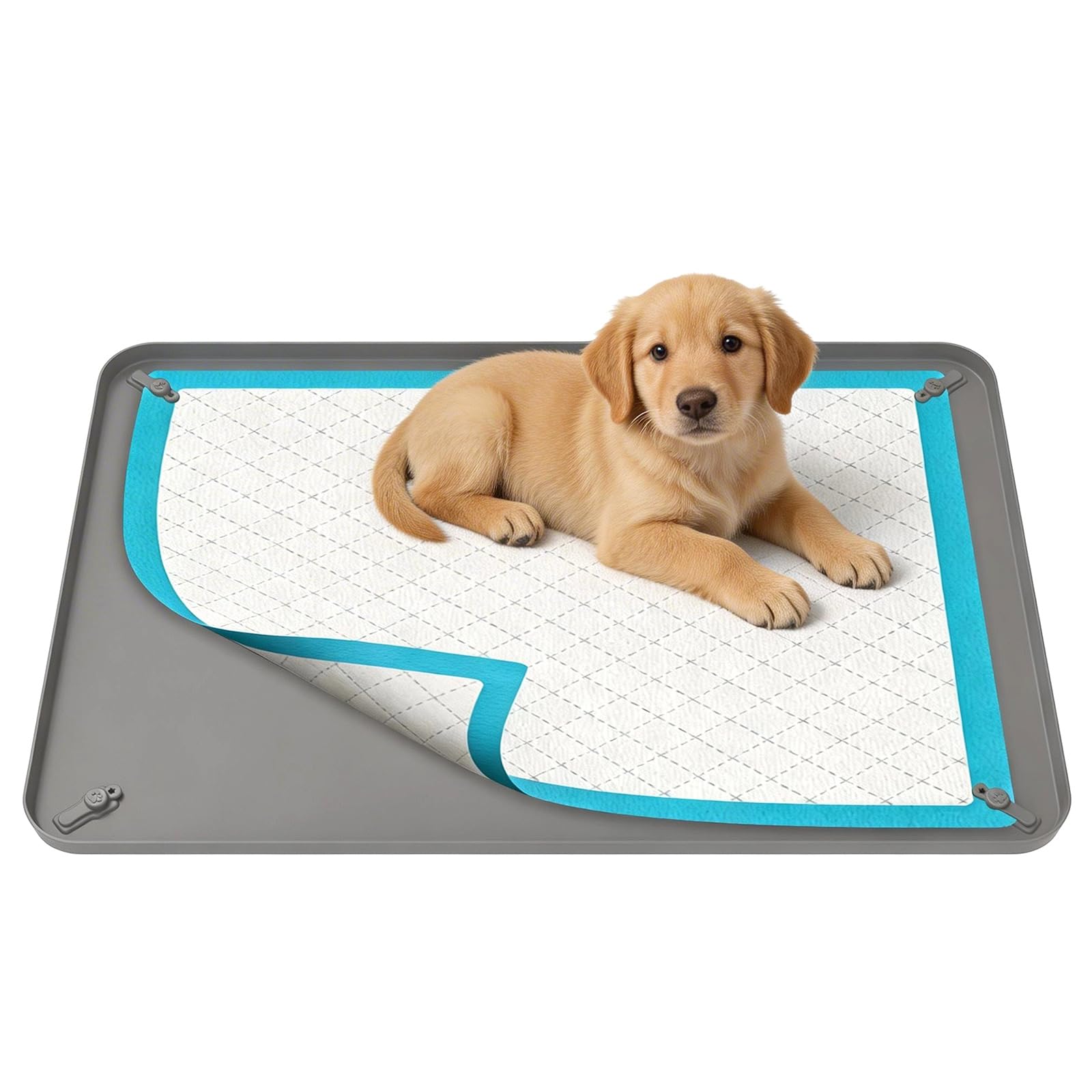 Qinglang Grey Silicone Dog Pee Pad Holder, 92X64cm Large Puppy Potty Training Tray With 1.5Cm Raised Edge & Corner Snaps, Leak-Proof Washable Pet Mat For Floor Protection, Indoor Dog Toilet(92X64cm)
