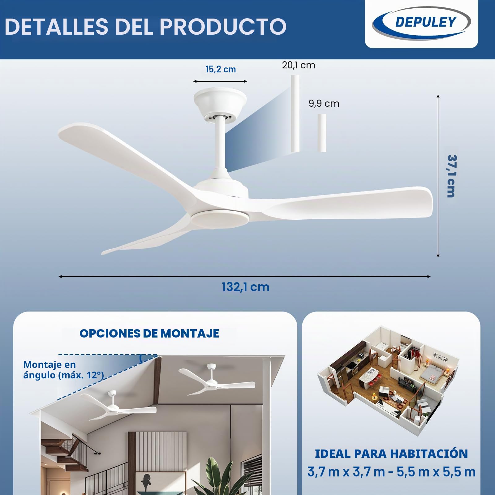 Depuley Ventilador de techo sin luz: Ventilador de exterior de 52 pulgadas con control remoto por aplicación para porches y terrazas - Ventilador de techo blanco dorado sin luz para interiores