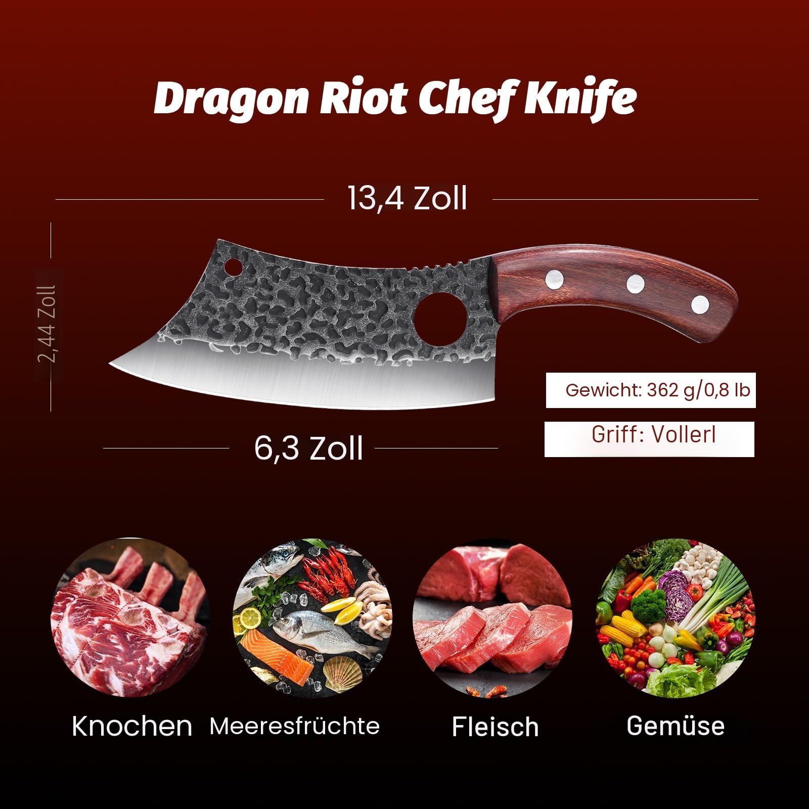 DRAGON RIOT Hackmesser Japanisch, Wikinger Messer mit Holzgriff, Fleischermesser Profi Hackbeil für Knochen, Küchenmesser scharf Metzgermesser, Full Tang Outdoor Messer Fleischerbeil fur Küche Grill