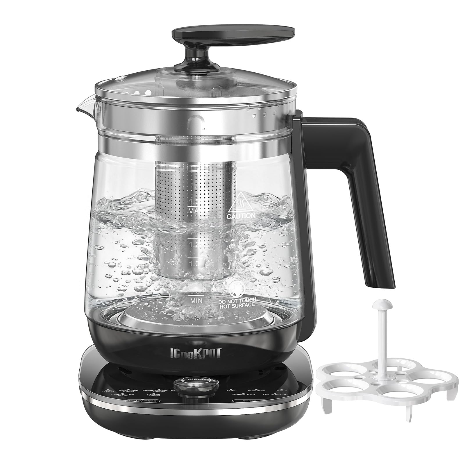 Electric Kettle 1.5L Borosilicate Glass, 1200W Temperature Control Tea Kettle with Auto Shut-Off &amp; Boil-Dry Protection, BPA-Free Stainless Steel Base, Fast Boil for Coffee &amp; Tea, Black