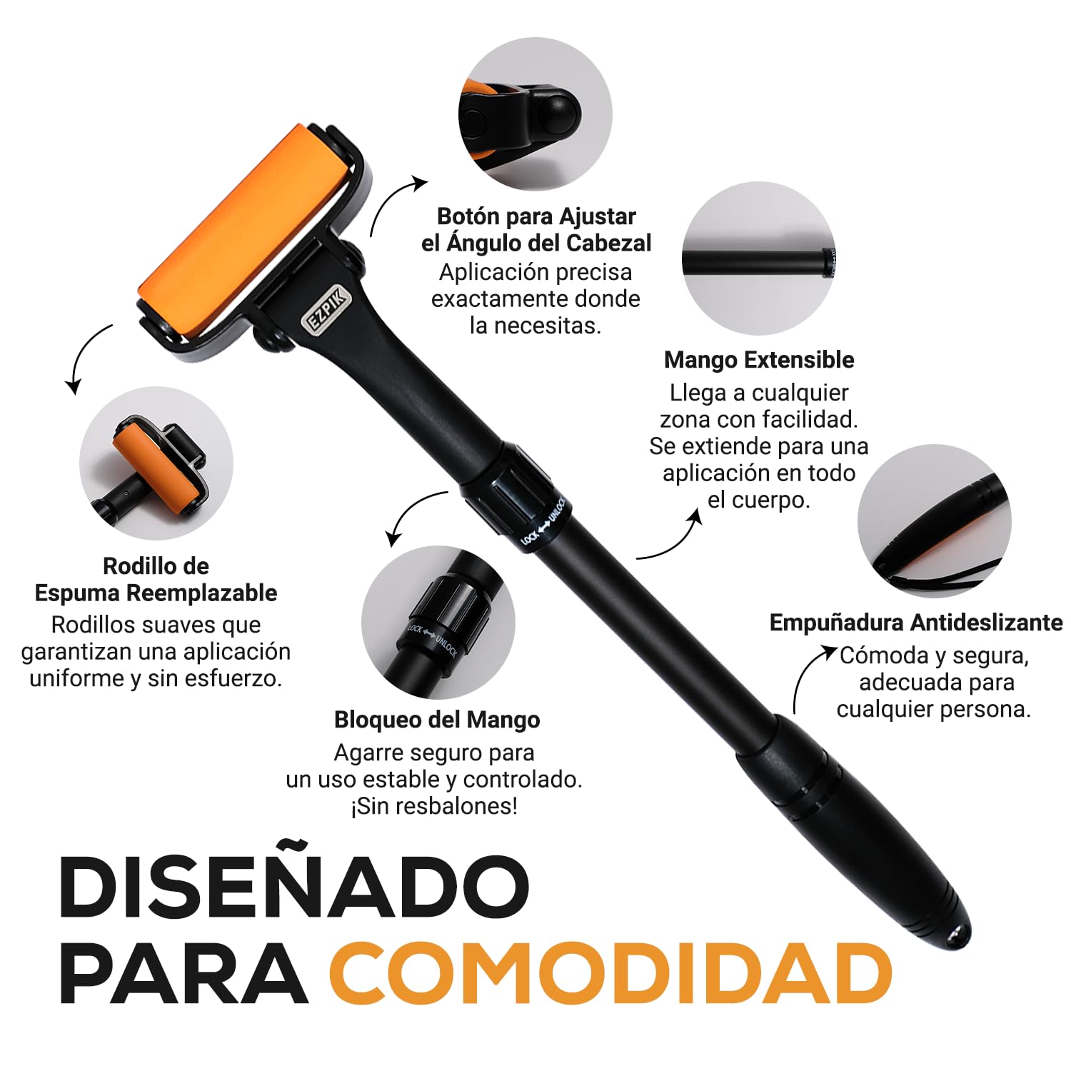 EZPIK Aplicador de Crema Espalda - Esponja con Mango Largo Extensible hasta 58 cm - Diseño Curvo para Aplicar Crema Espalda Solo y para Personas Mayores y con Movilidad Reducida
